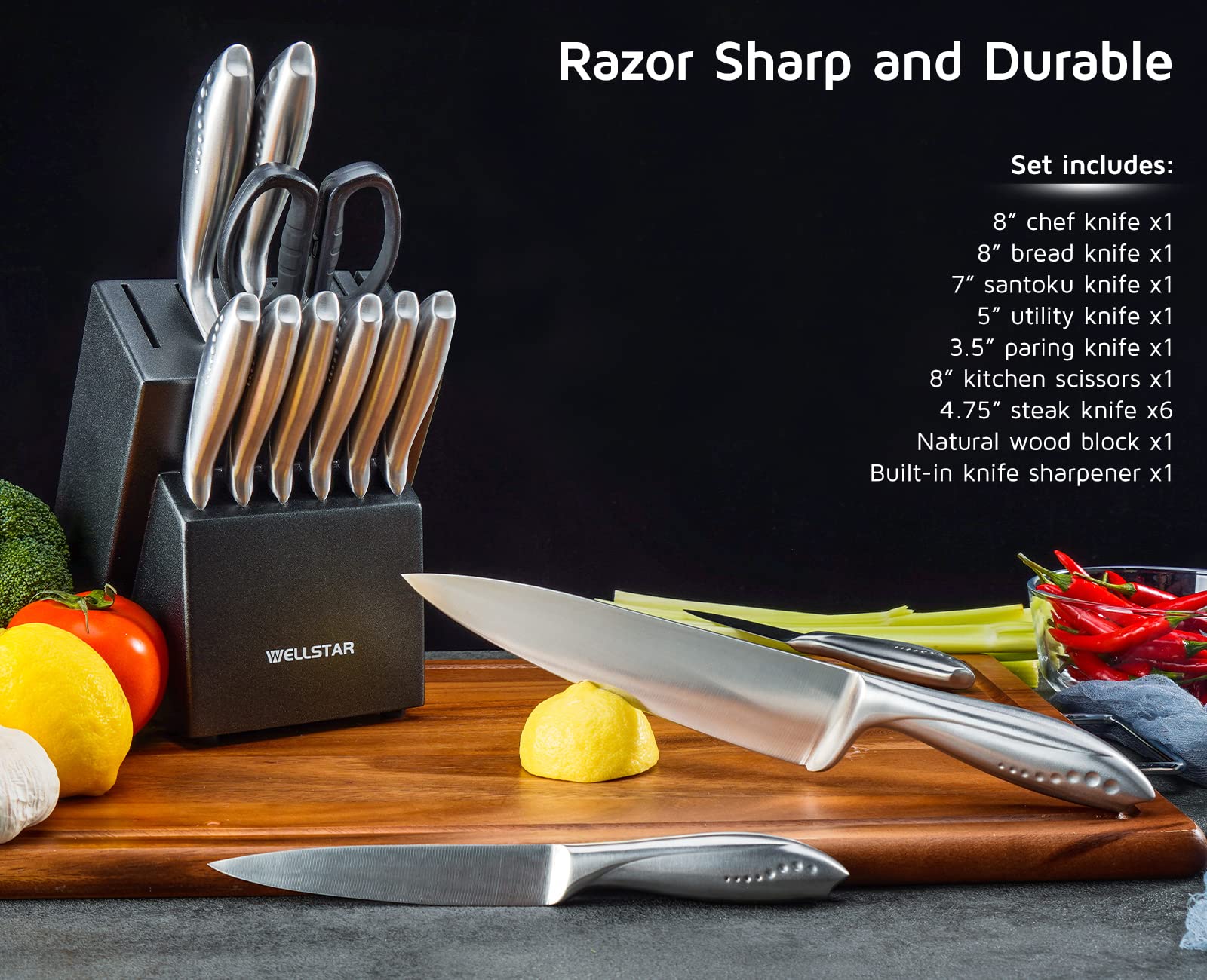 WELLSTAR 14-Piece German Stainless Steel Knife Set with Wooden Block - Ultra Sharp Kitchen Knives, Durable All Stainless Steel Handle, Includes Chef Knife, Scissors & Built-in Sharpener - Perfect for Home Cooking, Professional Chefs & Gift Giving