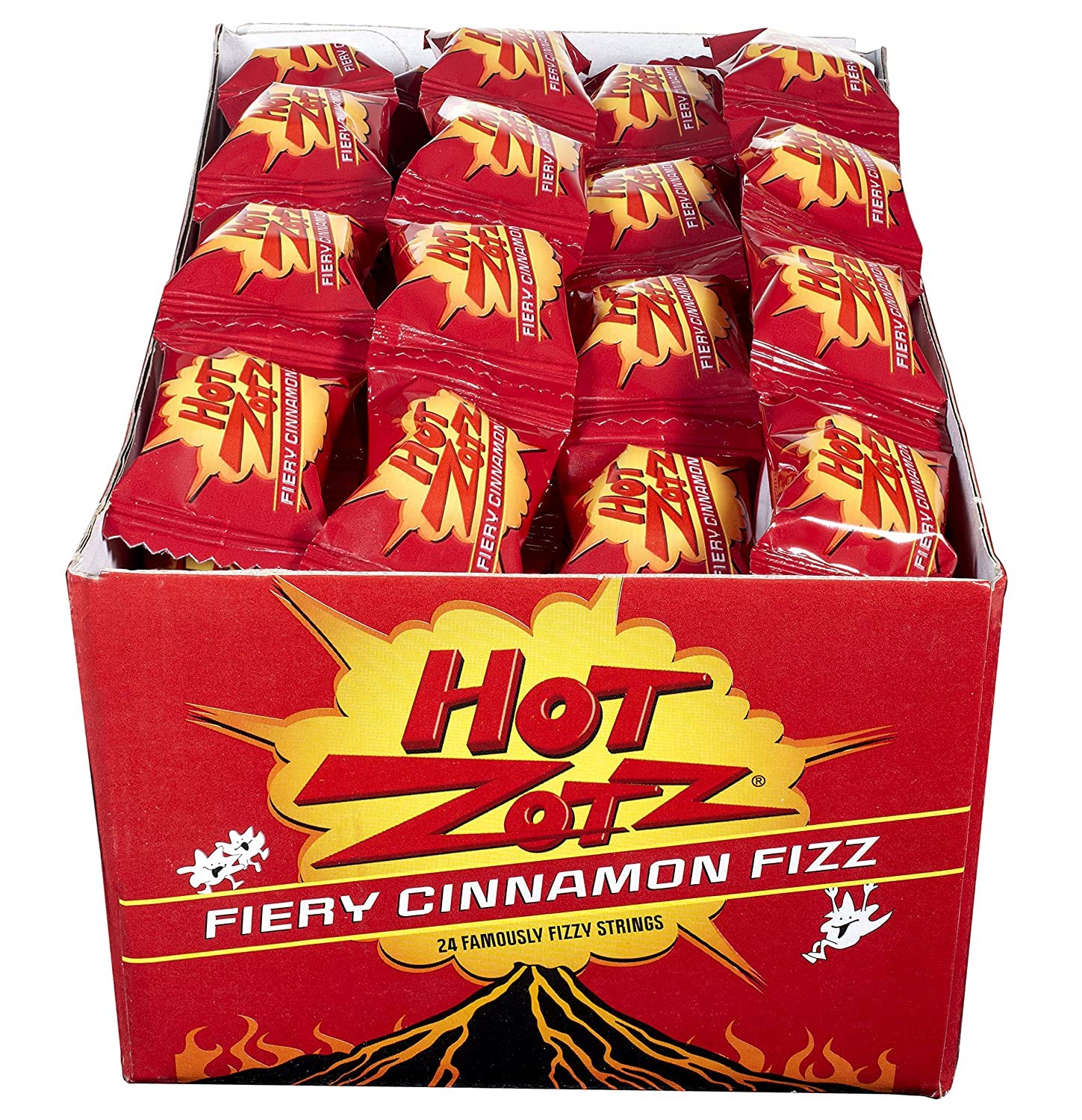 Zotz Fizzy Hard Candy - Fiery Cinnamon Flavor - Individually Wrapped Sour Candy with Fizzy Center - Gluten Free Italian Candy Since 1970 (24 Strings, 96 Pieces) - Perfect for Halloween Treats, Party Favors and Office Snacks