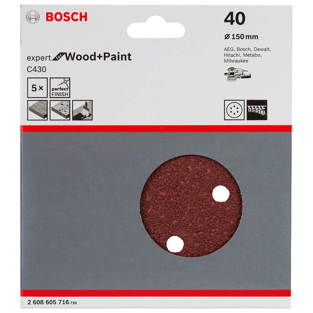 Bosch Hoja de lija 125 mm grano 40 - Pack de 5 unidades - Ideal para lijado en seco de madera, metal y superficies pintadas