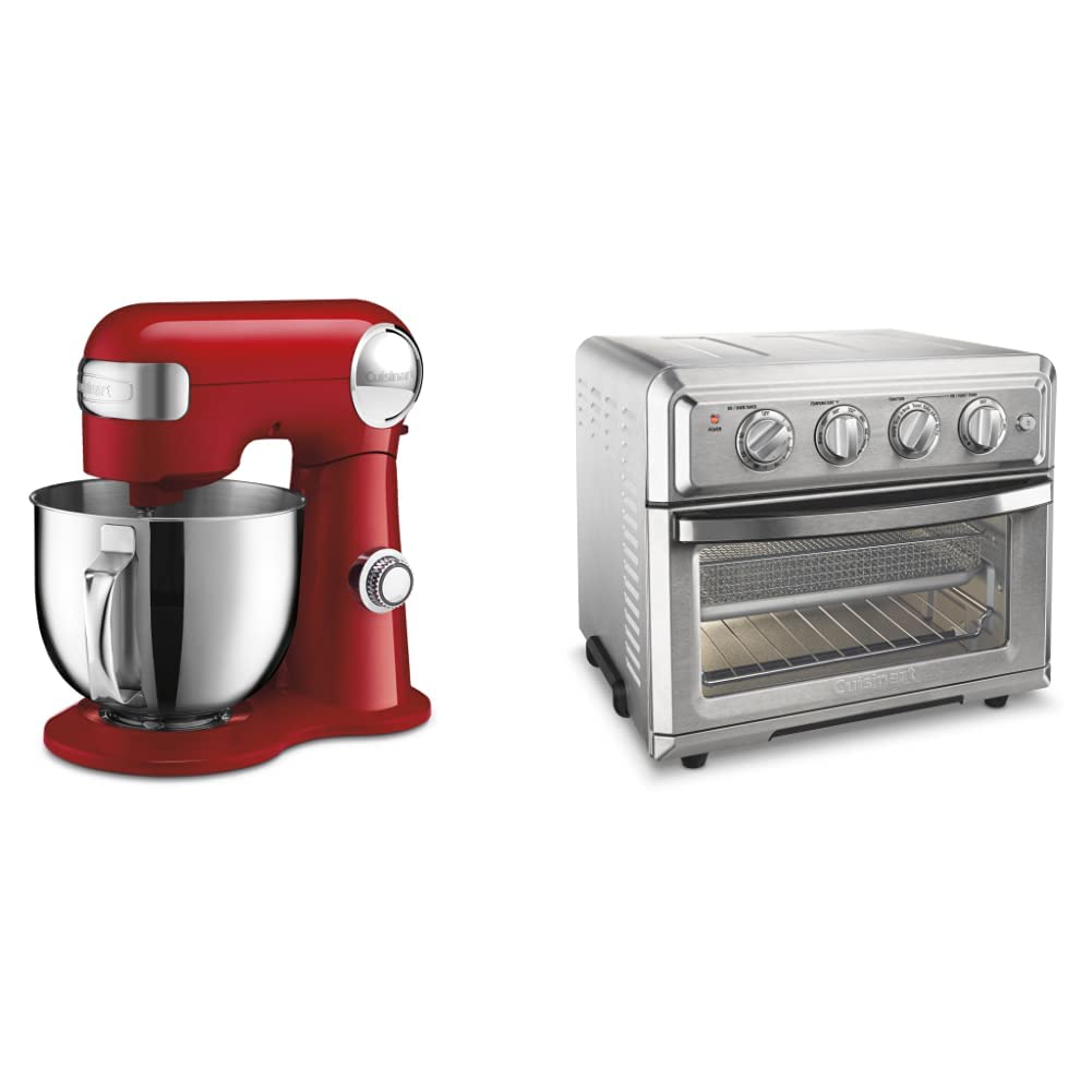 Cuisinart SM-50R 5.5-Quart Stand Mixer in Ruby Red & TOA-60 Convection Toaster Oven Air Fryer in Silver - Perfect for Baking, Roasting, and Air Frying at Home