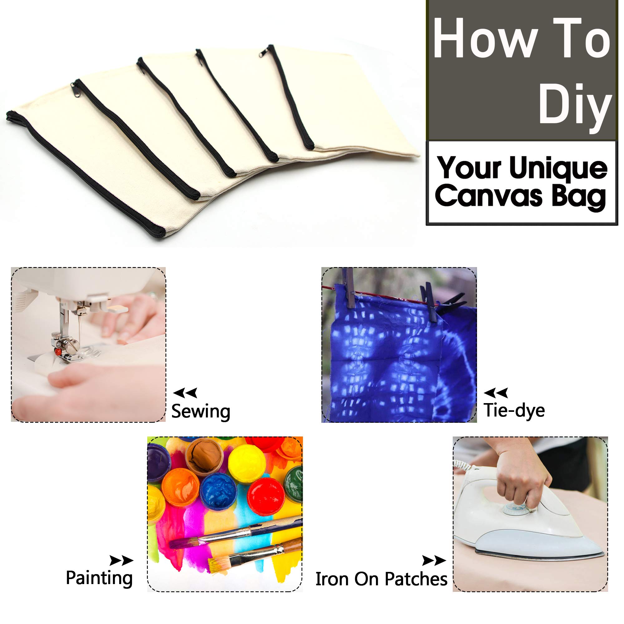 10 Pack Blank DIY Cotton Canvas Zipper Bags - Multipurpose Travel Organizer, Makeup Pouch, Receipt Holder & Gift Bags for Crafting, Storage & On-the-Go Essentials