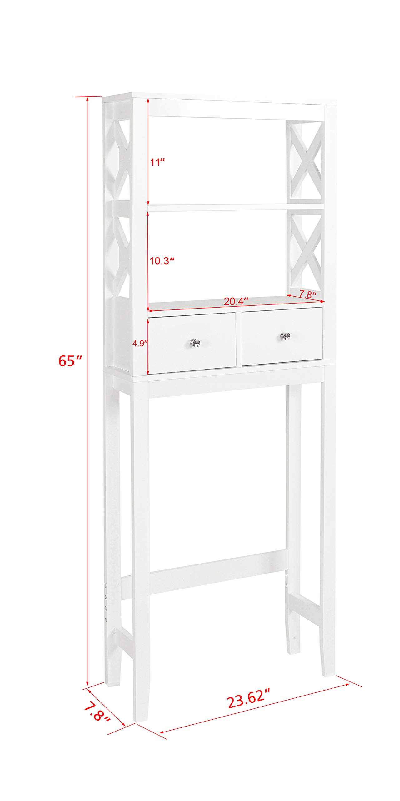 White X-Frame Over The Toilet Storage Shelf with Drawers - Bathroom Space Saver Organizer for Toiletries, Towels & Cleaning Supplies - Perfect for Small Bathrooms, Apartments & Powder Rooms
