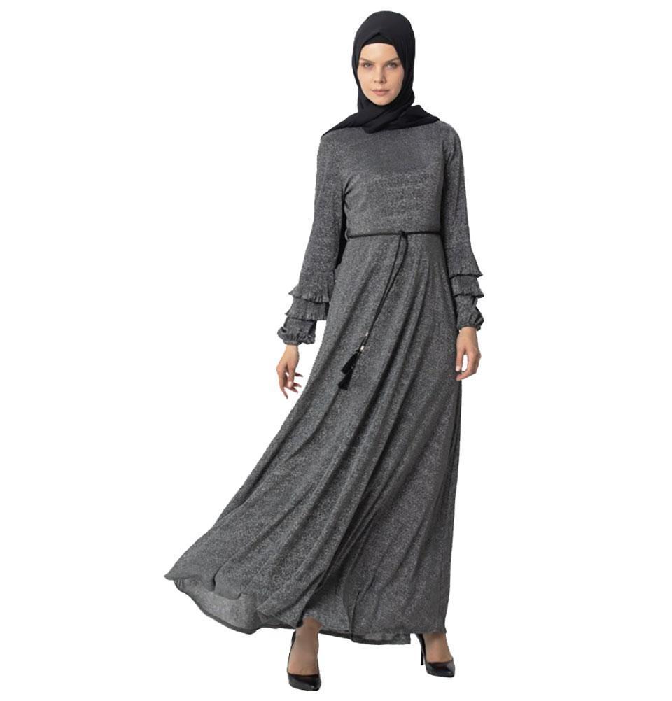Elegant Abaci Modest Formal Tinsel Dress 13105 - Black/Gray for Women | Perfect for Evening Parties, Weddings & Special Occasions