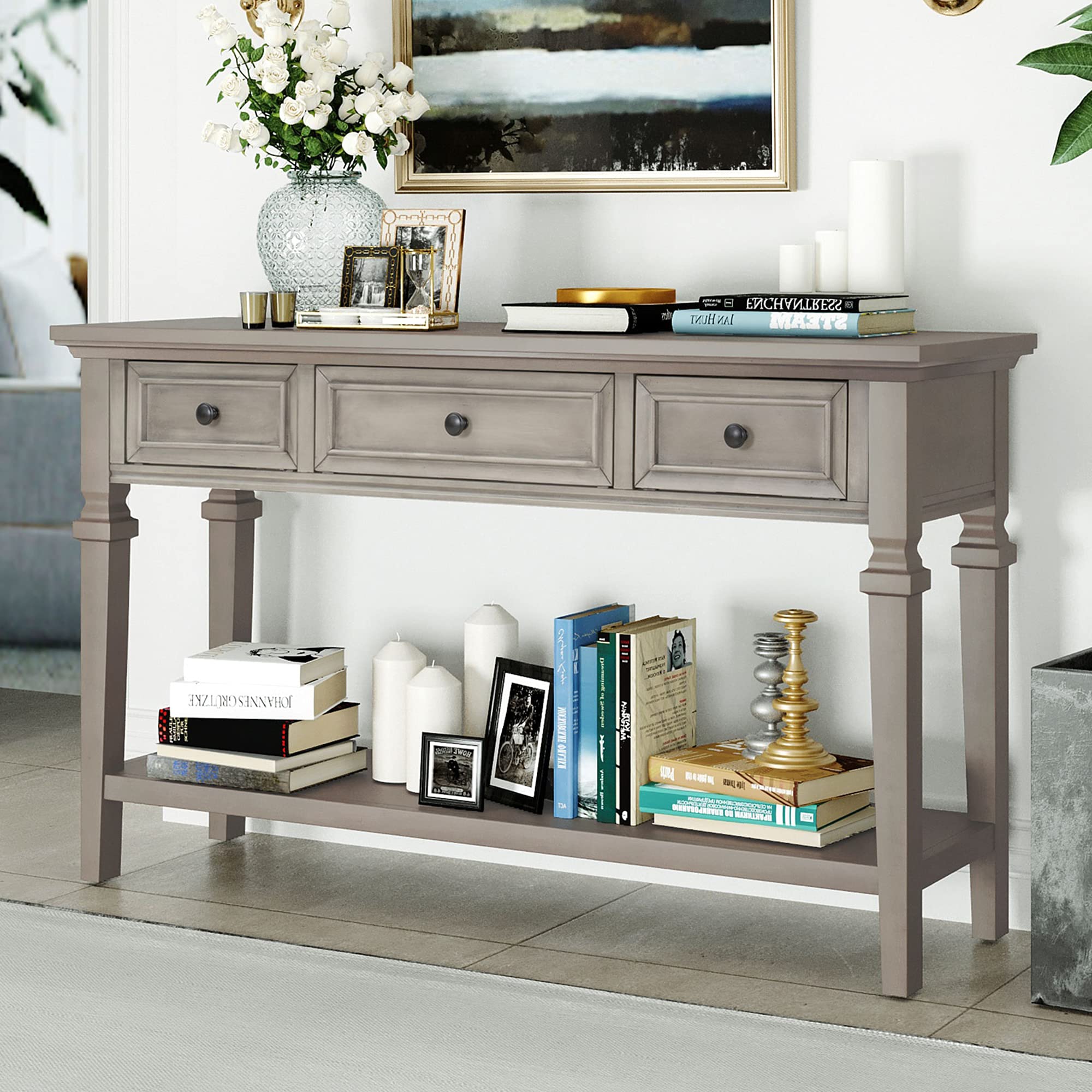 P PURLOVE Console Table with 2 Drawers & Open Shelf - 42