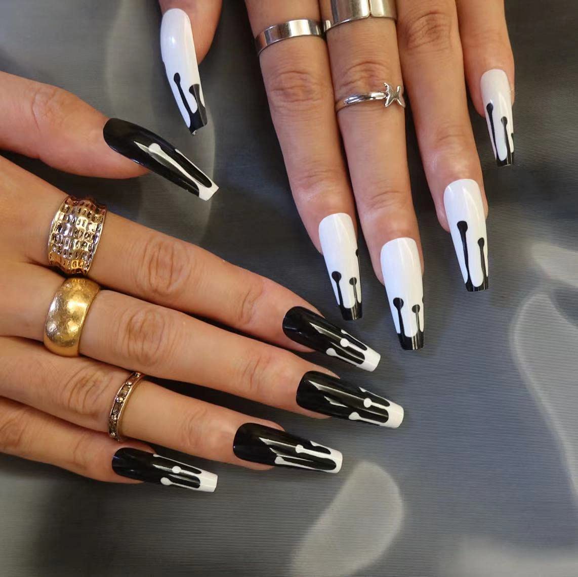 **BABALAL Halloween Press on Nails - Long Ballerina Fake Nails with Punk Design, Full Cover Glossy Artificial Nails for Women & Girls - Perfect for Halloween Parties, Cosplay & Nail Art**