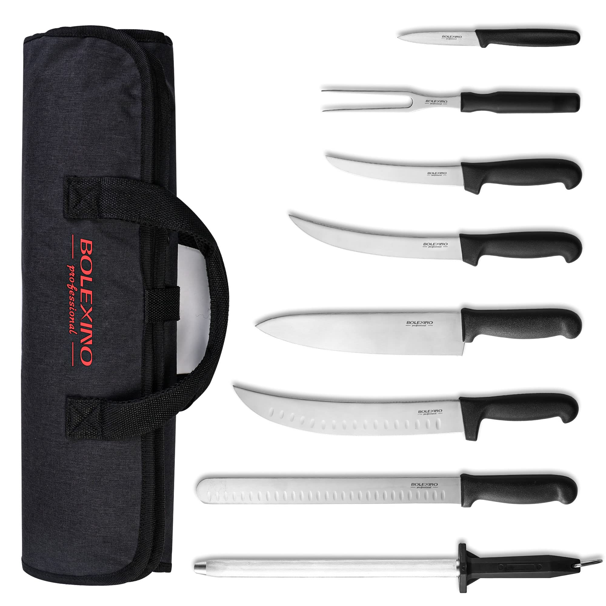 BOLEXINO Professional 9-Piece BBQ Knife Set with Knife Roll - Japanese Style Premium Stainless Steel Chef Knives - Ultimate Grilling Kit with Carrying Bag - Perfect for Outdoor Cooking, Backyard BBQs & Camping Trips