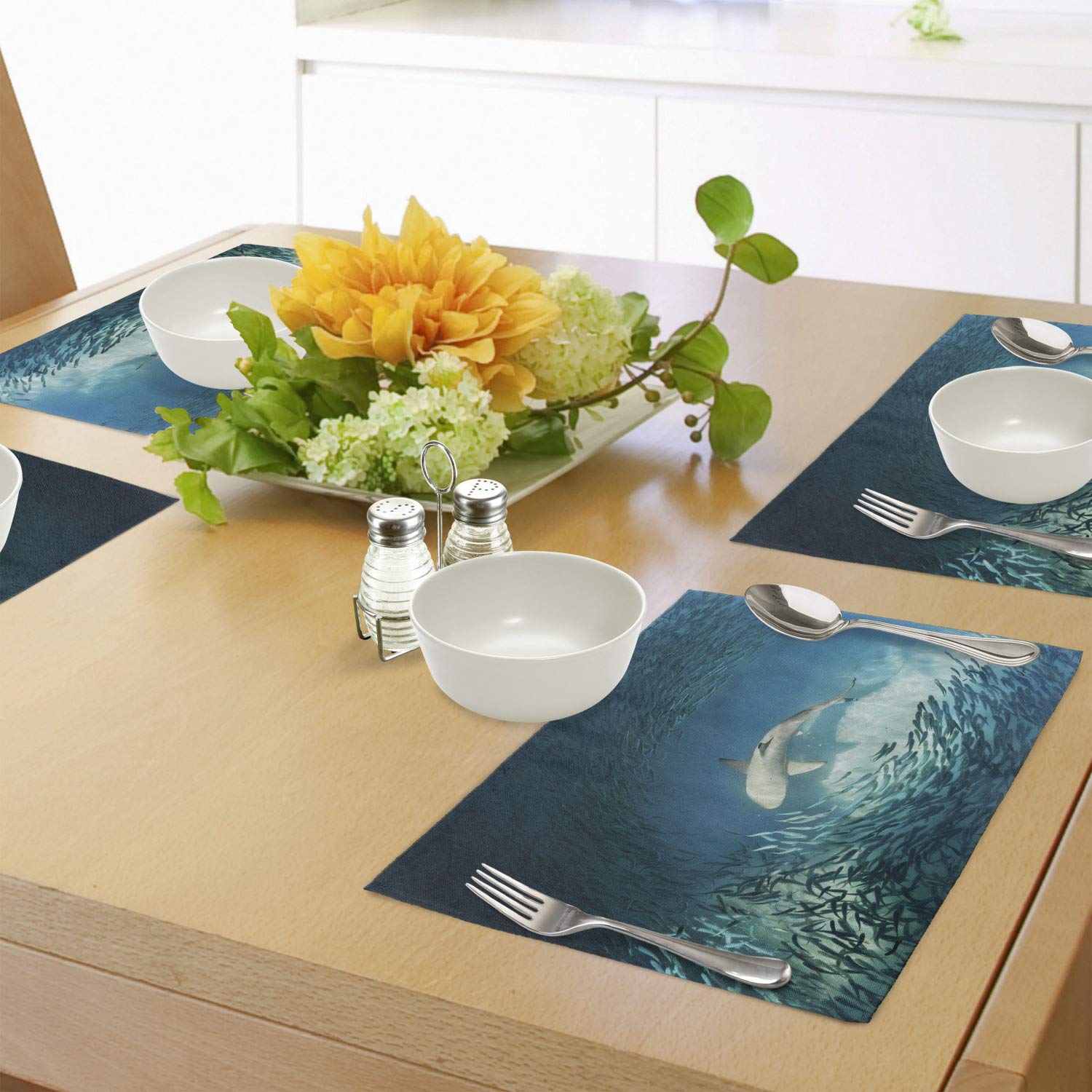 Ambesonne 4-Pack Sea Animal Placemats - Shark & Fish Ocean Wildlife Design, Washable Fabric Table Mats for Dining Room & Kitchen Decor in Teal & Beige | Perfect for Beach-Themed Parties, Family Dinners & Coastal Home Decor