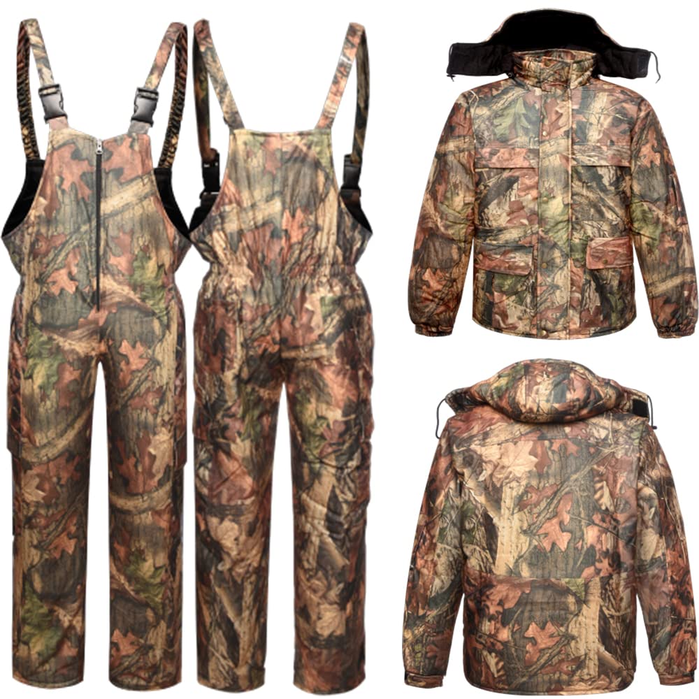 Llaikeph Men's & Women's 5-Piece Winter Hunting Suit Set - Insulated Down Coat, Fleece Jacket, Camo Pants & Bib Overalls for Cold Weather Outdoor Activities | Perfect for Hunting, Camping & Snow Sports