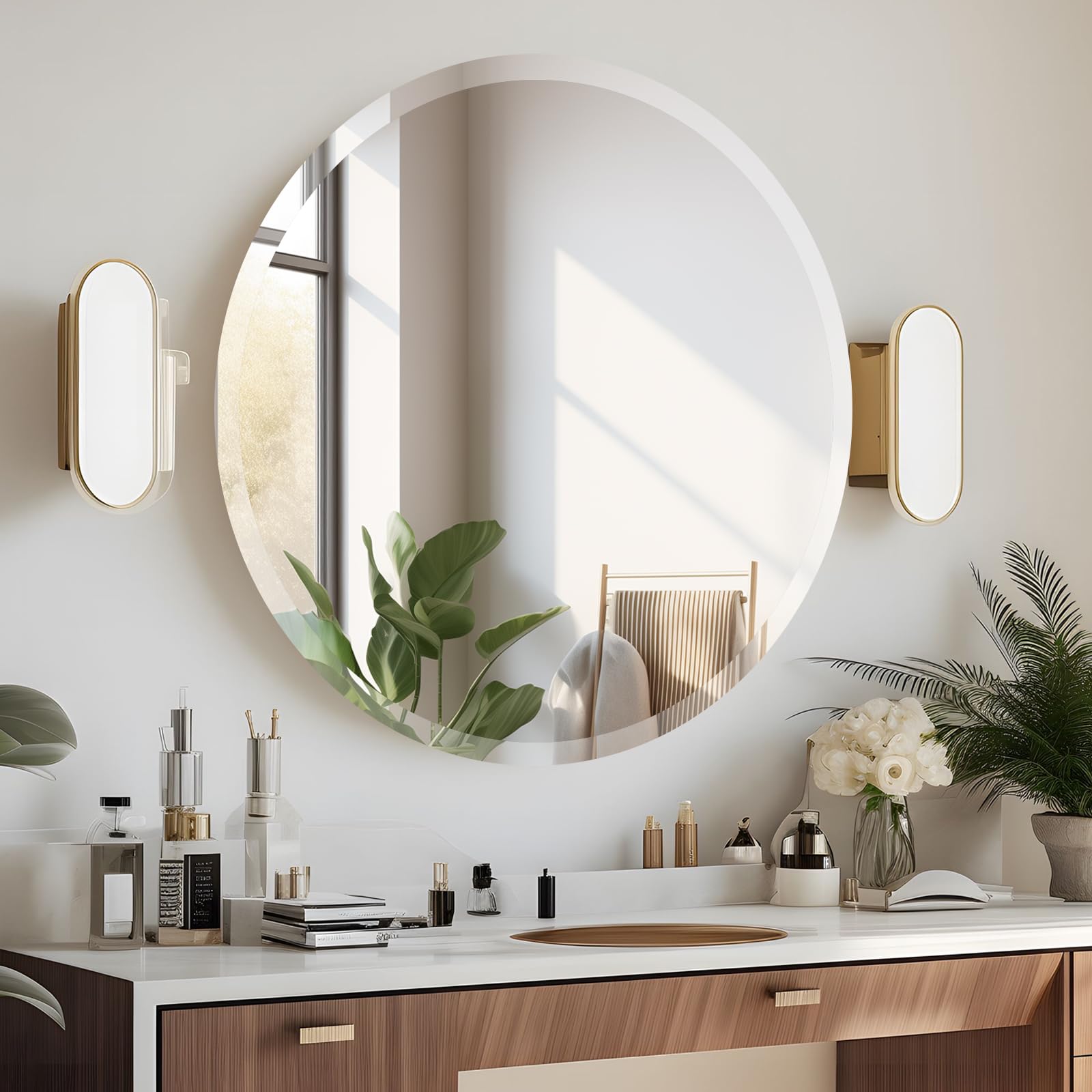 24 Inch Round Frameless Bathroom Mirror with Beveled Edge - Modern Circle Vanity Mirror for Bathroom, Bedroom, Living Room & Entryway Decor - Perfect for Makeup, Shaving & Home Interior Design