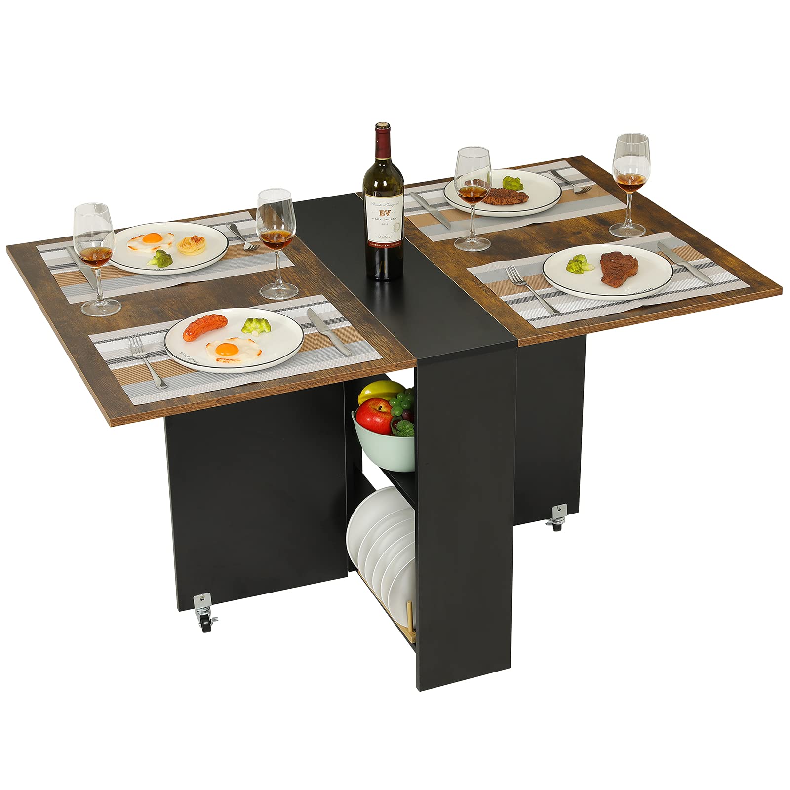 Tiptiper 6-Wheel Folding Dining Table with 2-Tier Storage Shelf - Space Saving Kitchen Table for Small Apartments, Rustic Brown & Black - Perfect for Compact Living Rooms, Studio Apartments & Dorm Rooms