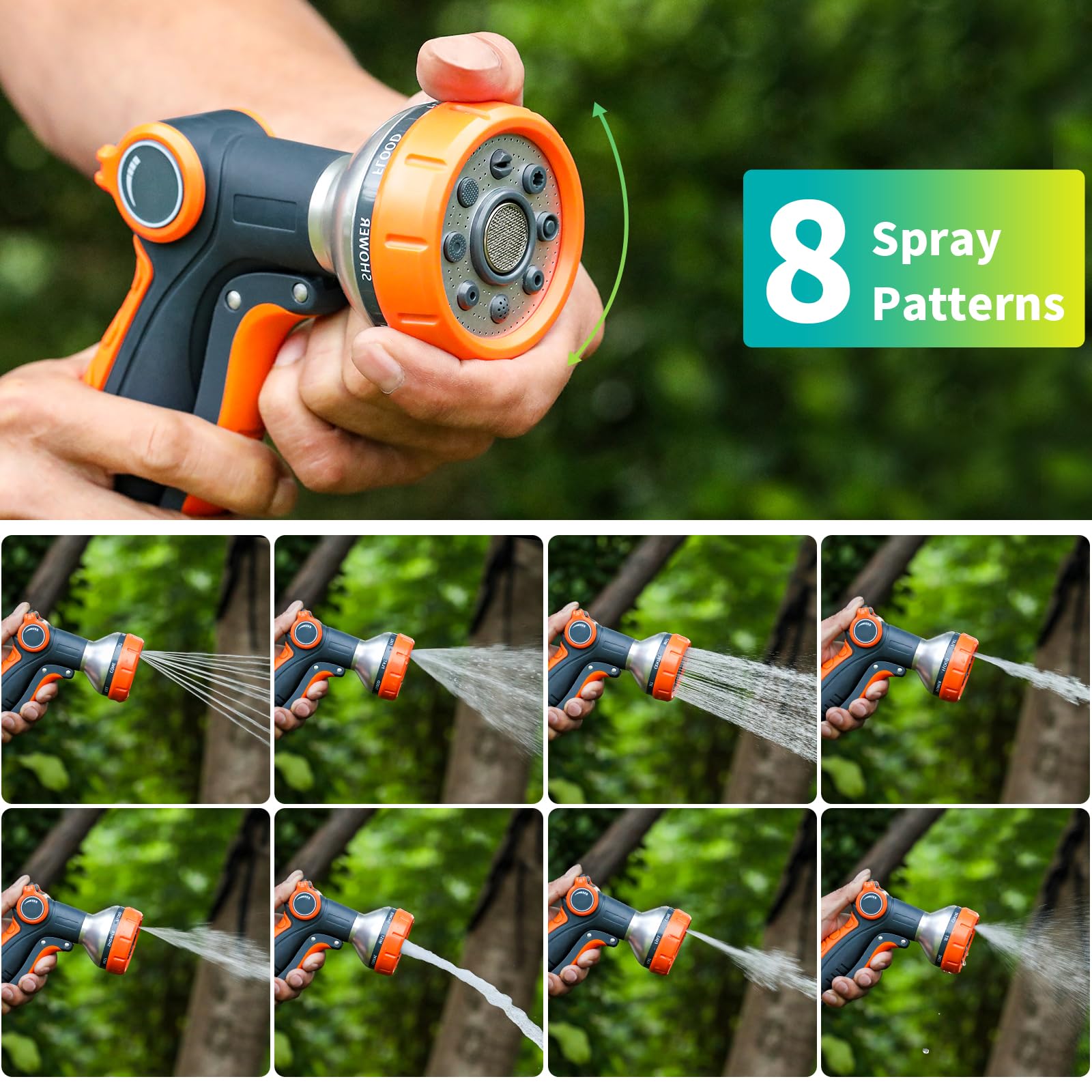 Heavy Duty Water Hose Nozzle with 8 Spray Patterns - Adjustable Thumb Control, Ergonomic Trigger & Quick-Release Buckle - Perfect for Garden Watering, Car Washing, Pet Bathing & Outdoor Cleaning