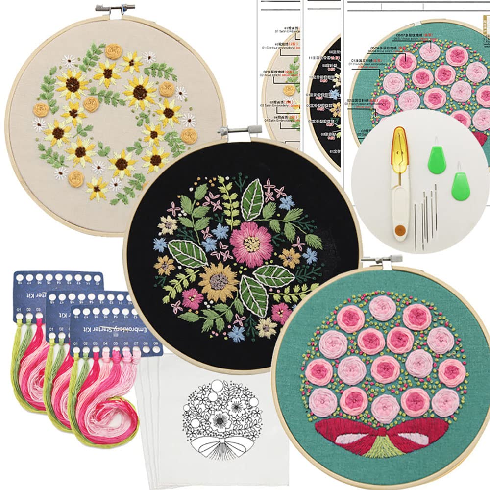 3 Pack Handmade Embroidery DIY Kit for Beginners - Cross Stitch Crafts for Kids & Students - Creative Flower Embroidery Hanging Art (Home Decor, Gift Idea, Classroom Activity)