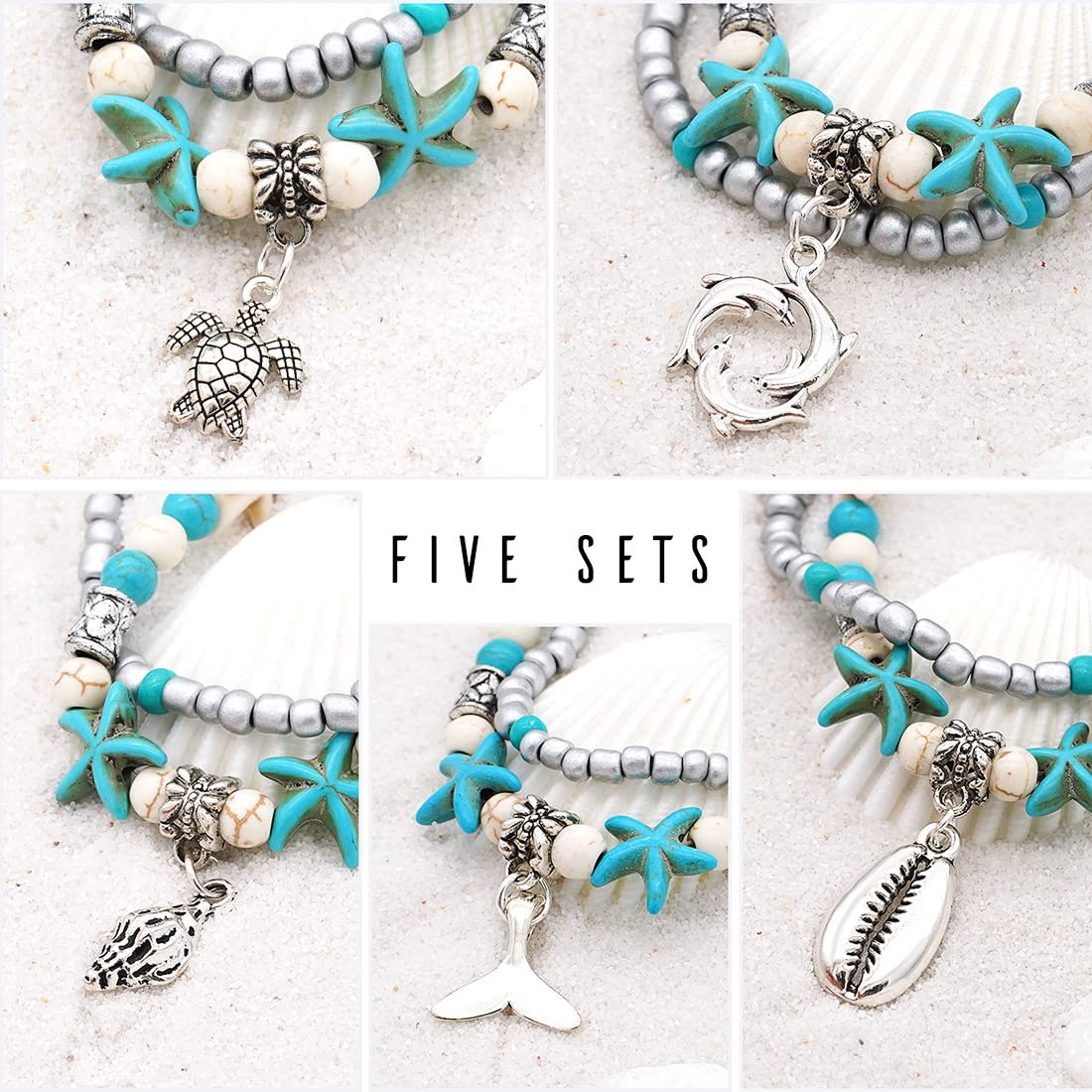 Suyi 5-Pack Adjustable Boho Ankle Bracelets for Women - Layered Beach Anklet Chain Foot Jewelry - Perfect for Summer Vacations, Beach Parties & Boho Fashion Accessories