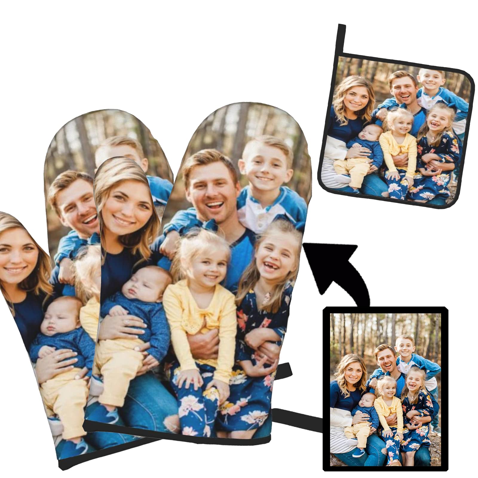 Custom Personalized Oven Mitts & Pot Holders Set - Photo & Text Printed Baking Gifts for Women - Heat Resistant Kitchen Cooking, BBQ & Grilling Accessories (3-Piece Set: 2 Oven Mitts + 1 Pot Holder) - Perfect for Holiday Gifts, Housewarming & Mother's Day