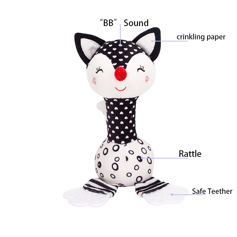 **Soft Plush Fox Rattle Toy for Babies 0-12 Months - Black & White Newborn Developmental Toy with Teether, Sound & Easy Grip - Perfect for Tummy Time, Sensory Play & Early Learning**