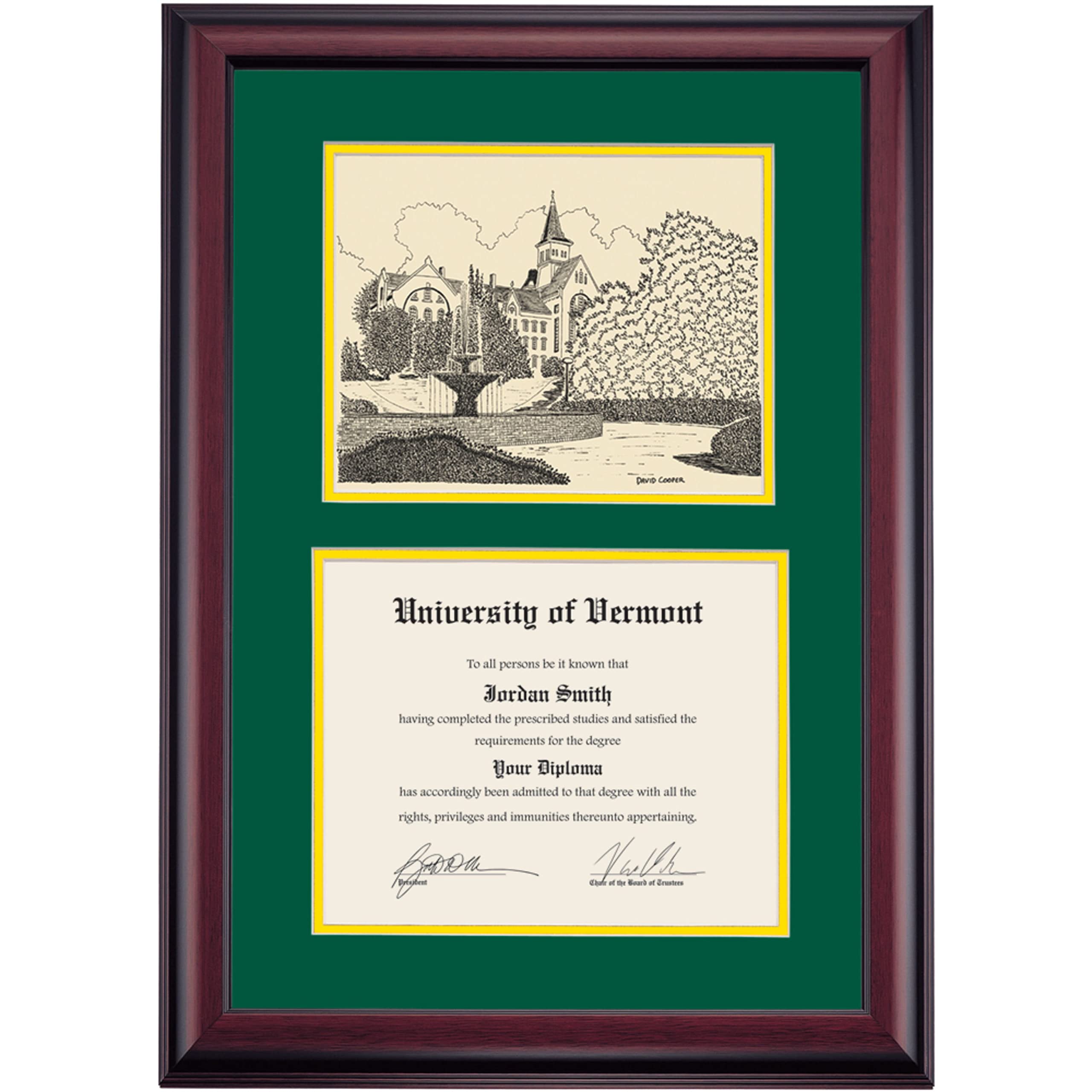 University of Vermont UVM Catamounts Diploma Display Frame - 8.5x11 Inch Graduation Certificate Holder with Hunter Green & Yellow Mat - Old Mill Pen & Ink Design - Perfect Graduation Gift for Students, Alumni & Office Decor