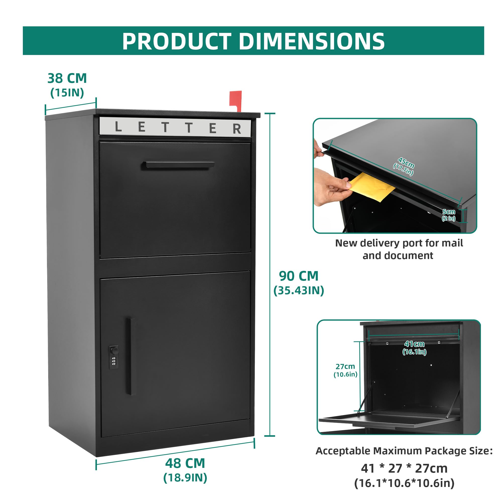 YITAHOME 18.9x15x35.4 Inch Large Outdoor Package Delivery Box with Coded Lock - Waterproof Anti-Theft Parcel Drop Box for House, Porch, Curbside - Perfect for Secure Online Shopping Deliveries & Contactless Package Storage - Black