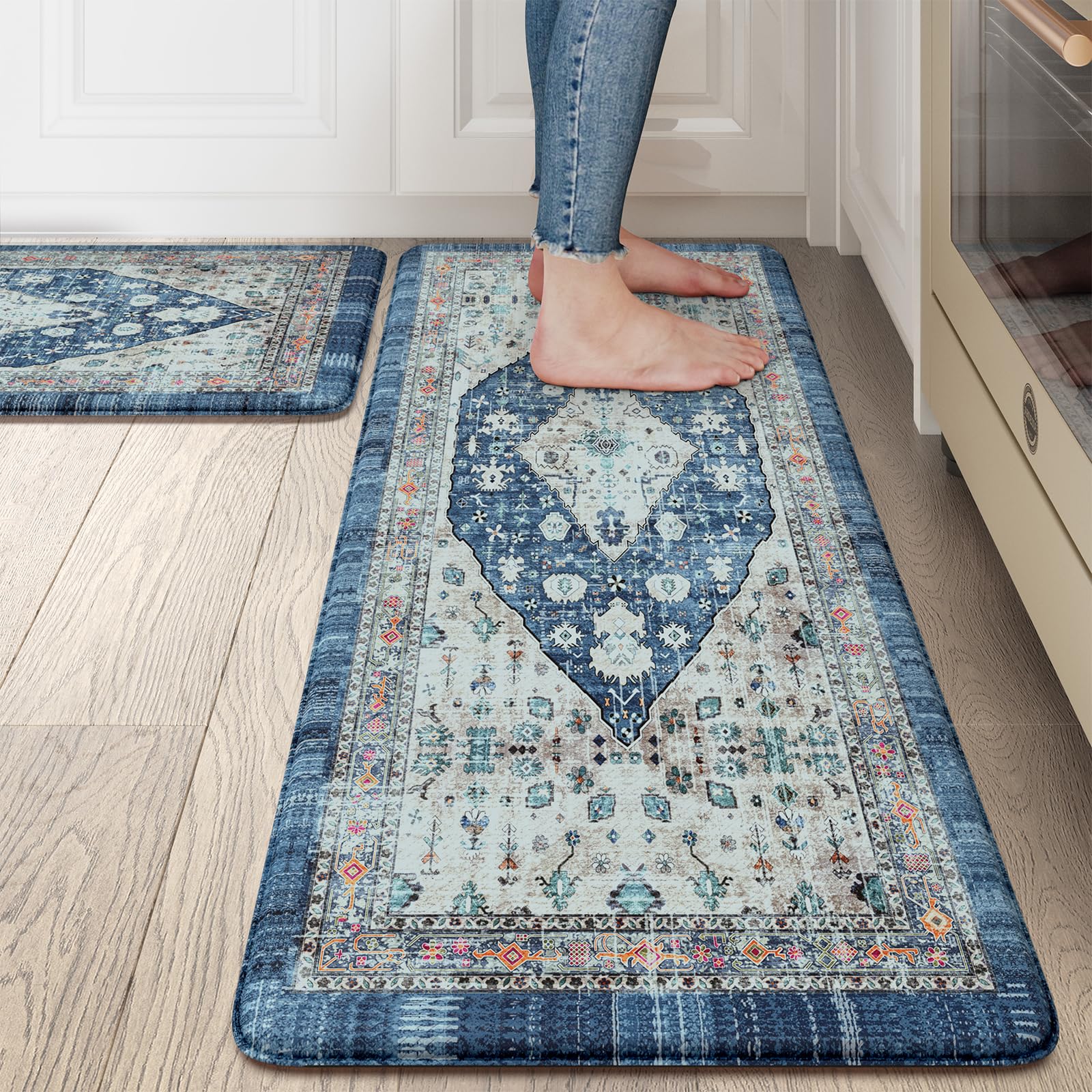 Collive Boho Kitchen Rugs Set of 2 - Non-Slip Anti-Fatigue Floor Mats with Cushioned Support, Waterproof Heavy Duty Foam Mats for Kitchen, Standing Desk, Sink & Laundry Areas (17