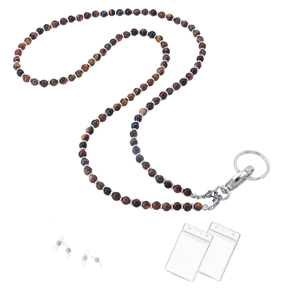 Beaded Lanyard for Women - ID Badge Holder & Keychain (Brown Tiger Eye) - Perfect for Teachers & Office Use