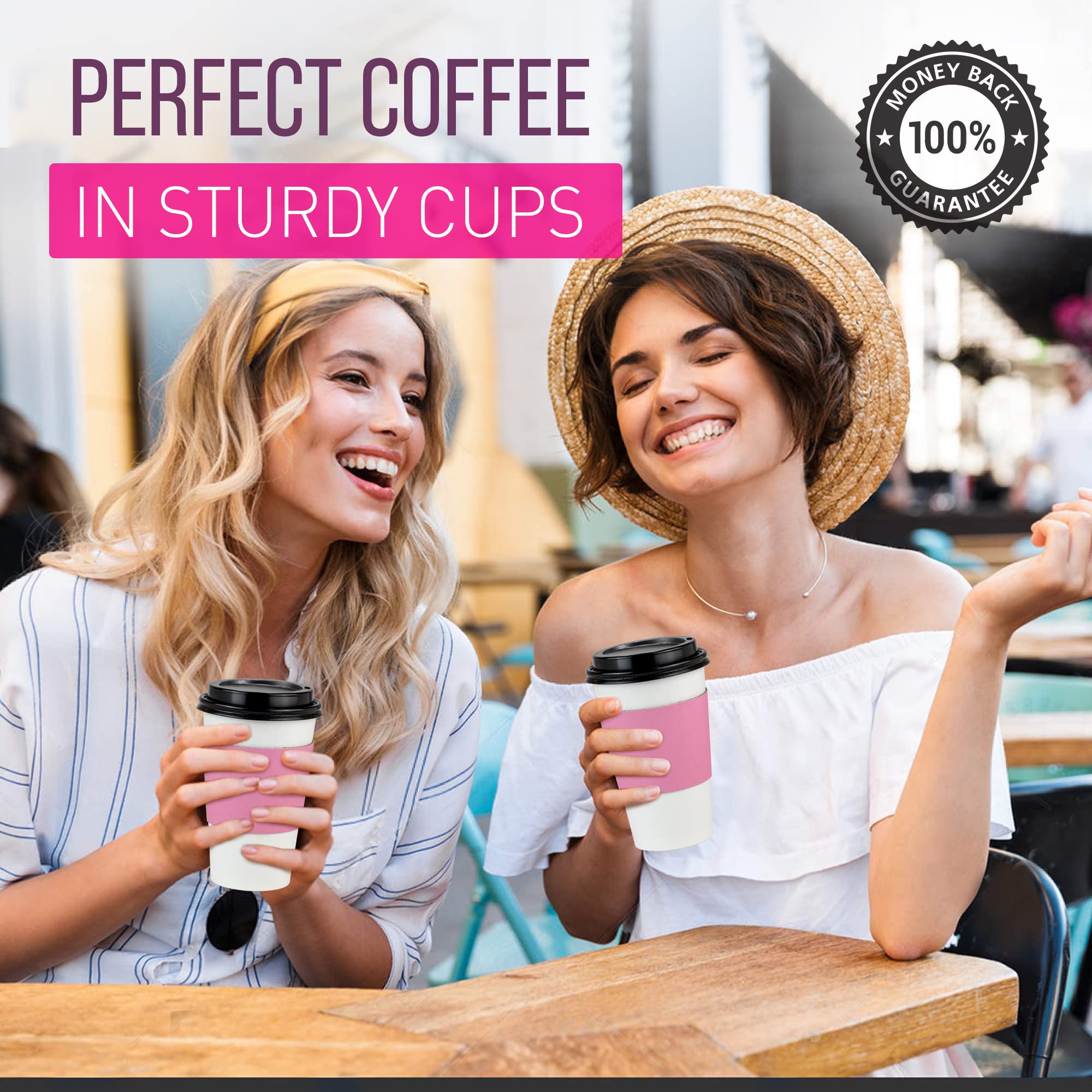 500 Pack 16 oz Disposable Coffee Cups with Lids & Pink Sleeves - Lead-Free Sturdy To-Go Hot Paper Cups for Coffee, Tea, Parties, Weddings, Birthdays - Ideal for Home, Office, Cafes & Events (Black Lids)