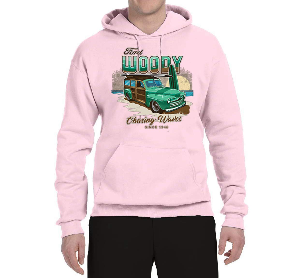 Vintage 1946 Ford Woody Chasing Waves Graphic Hoodie - Wild Bobby Retro Car & Truck Unisex Sweatshirt for Beach, Surfing & Car Enthusiasts