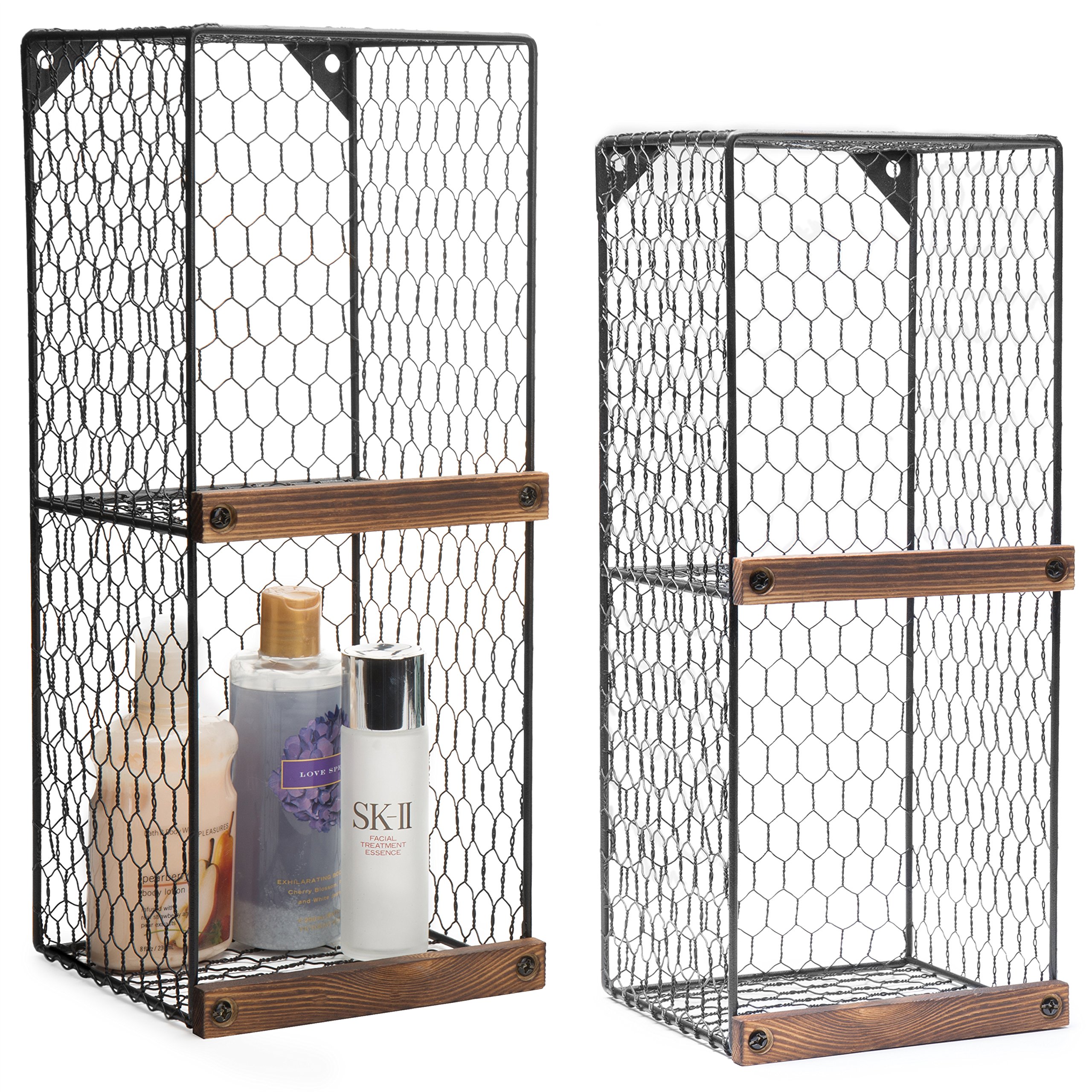 MyGift 2-Tier Black Chicken Wire Metal Hanging Wall Shelves with Wood Ledges - Farmhouse Style Storage Shelves for Bathroom, Kitchen, Bedroom - Set of 2 Freestanding Basket Bins for Home Organization