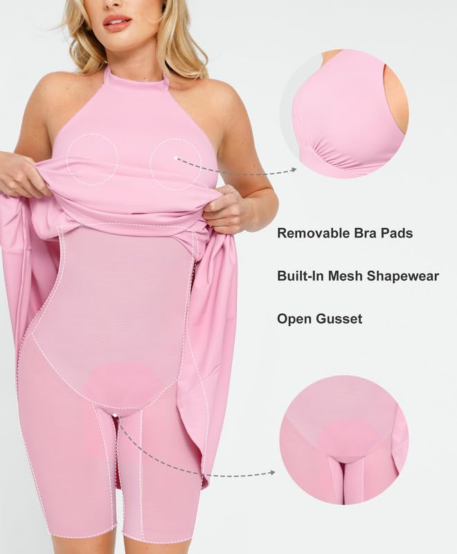 Popilush Shapewear Dress with Built-in Bra - Halter Neck Sleeveless Backless A-Line Midi Dress for Women | Wedding Guest Dress, Evening Party, Cocktail Attire, Formal Occasions