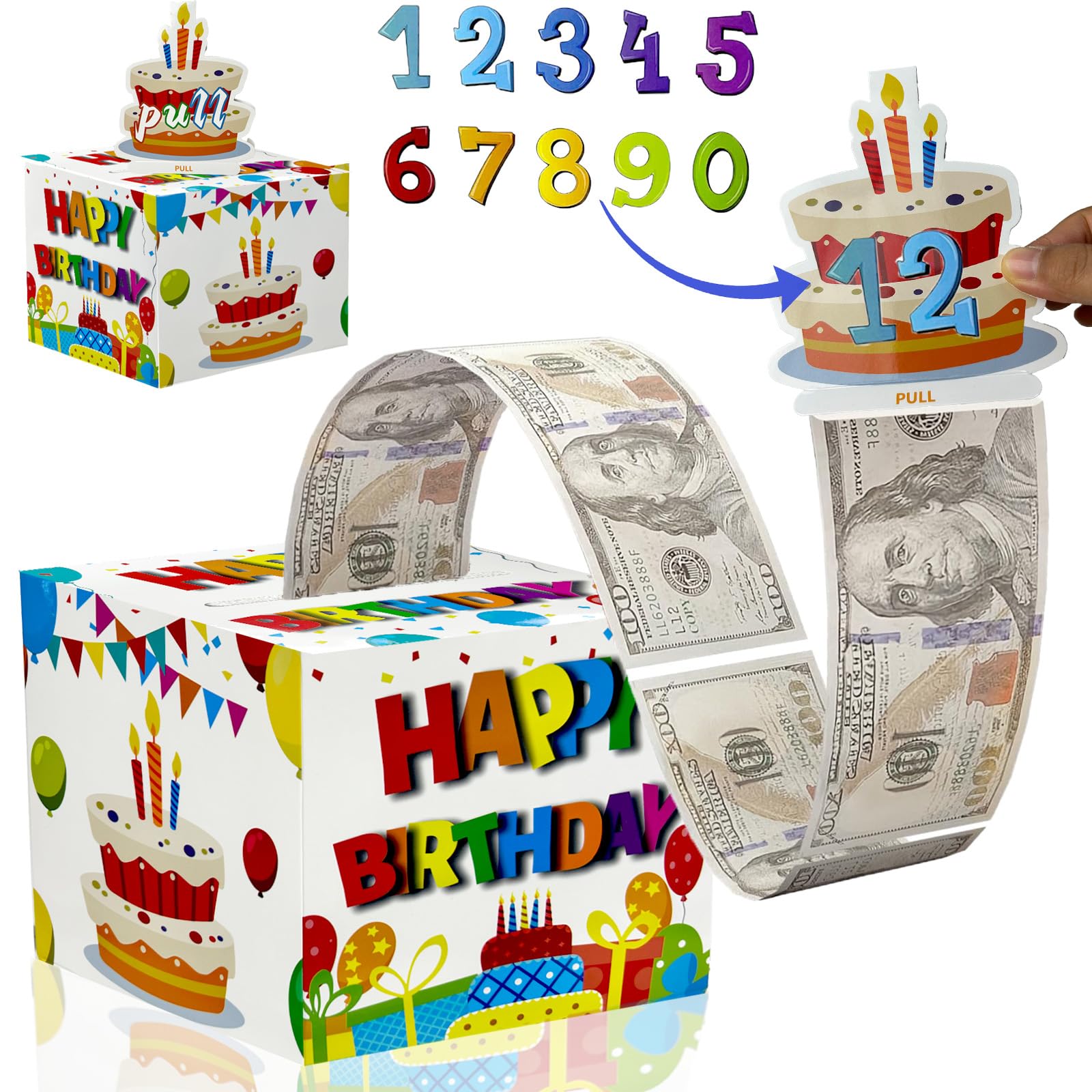 Birthday Cash Box Pull - Surprise Money Roll Gift Box with Pull Out Card & 30 Transparent Bags DIY Set - Funny Money Gift Idea for Parents, Lovers, Friends - Perfect for Birthdays, Anniversaries & Special Occasions (White)