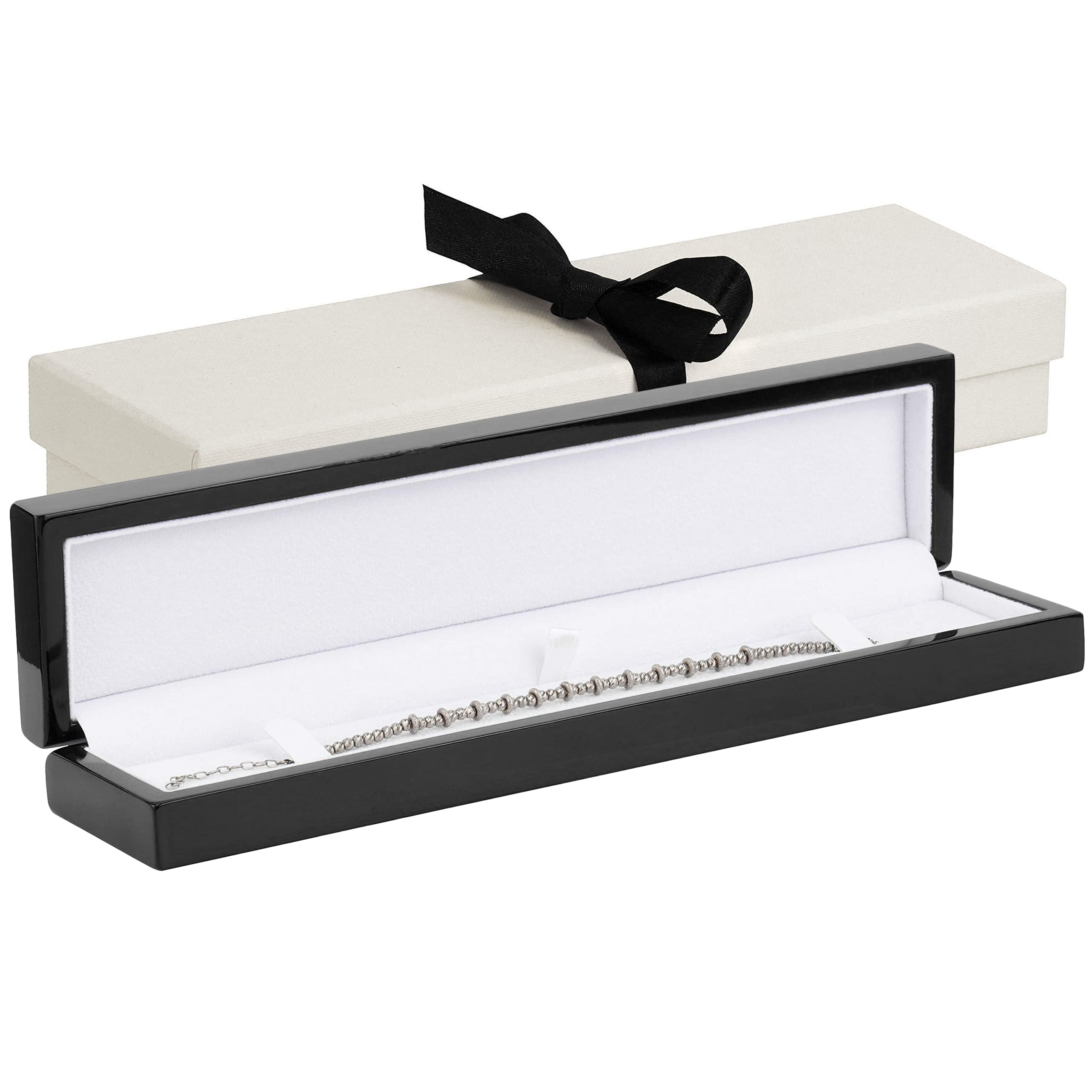 Premium Wooden Bracelet Gift Box for Jewelry - Luxury Noble Piano Design with 2 Piece Packer & Ribbon - Perfect for Bracelet Storage, Wedding Gifts & Birthday Presents (Black)