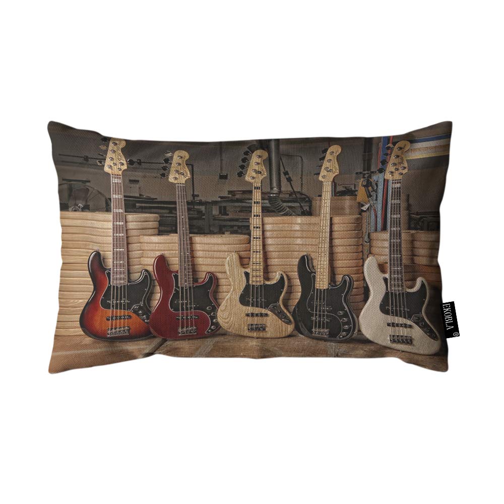 EKOBLA 12x20 Inch Guitar Bass Music Throw Pillow Cover - Musical Instruments Design Cotton Linen Rectangular Cushion Case for Sofa, Couch, Bedroom Decor | Perfect for Music Lovers, Band Rooms & Cozy Home Staging