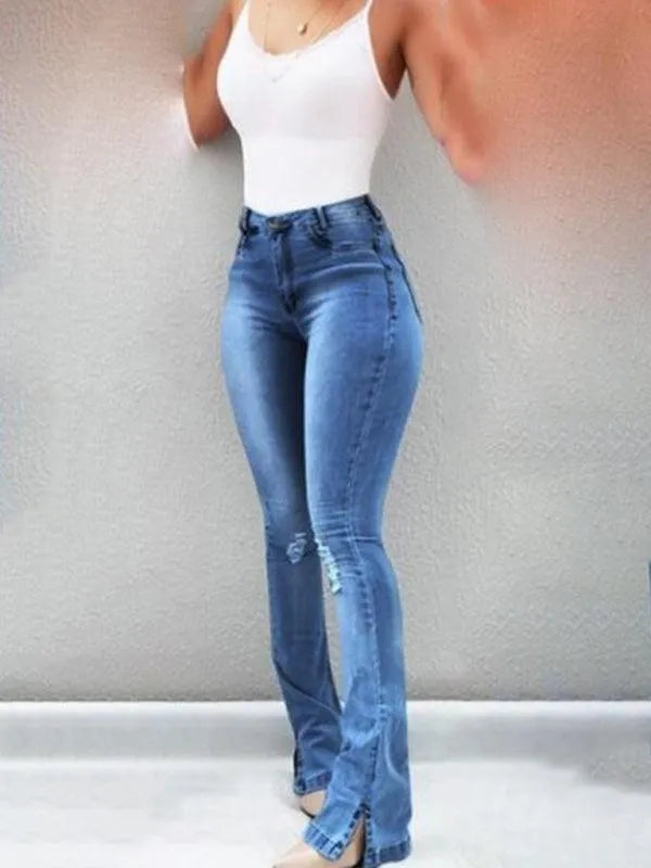 Women's High Waist Flared Jeans with Slit Detail - Trendy Bootcut Denim Pants for Casual Outfits & Night Out