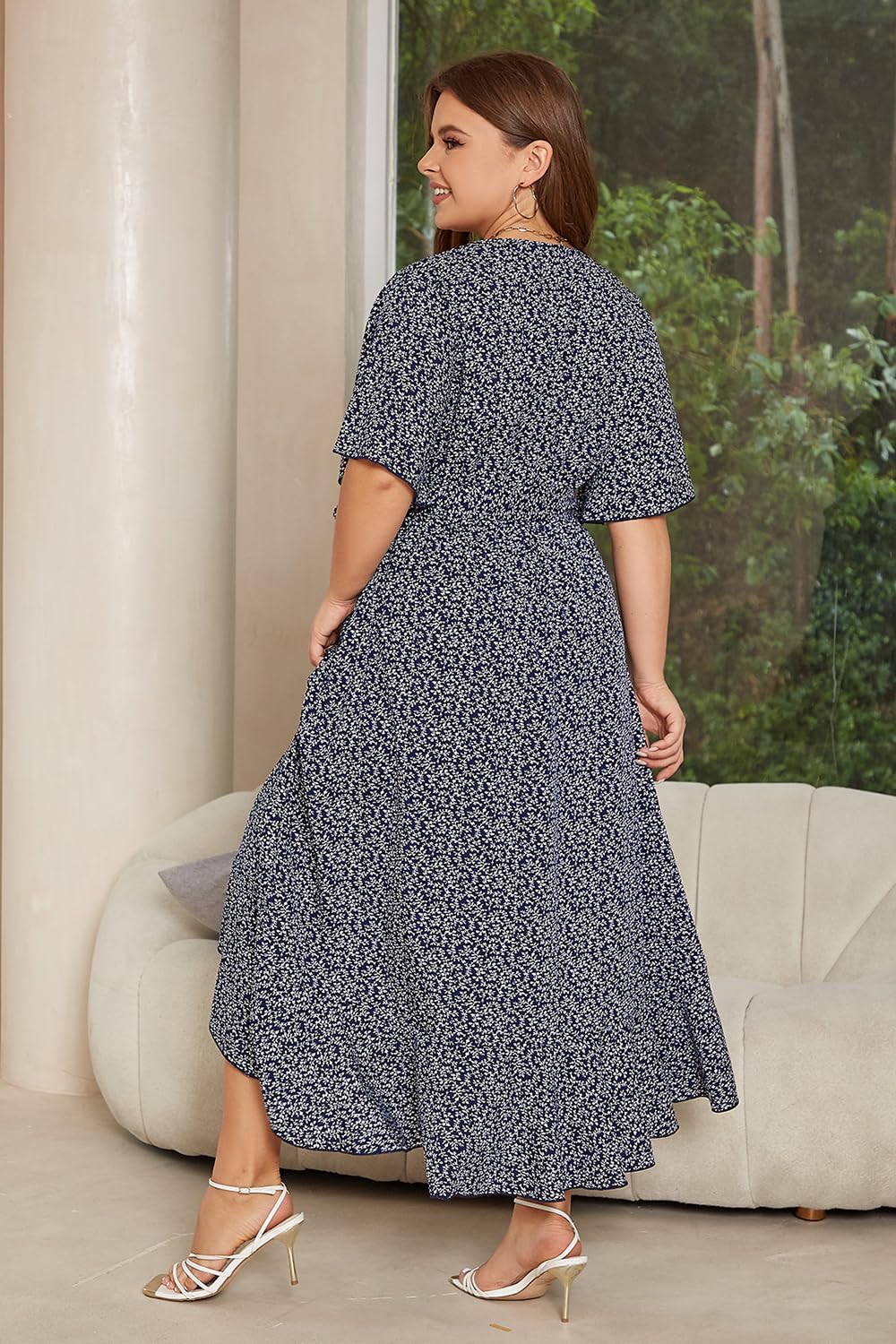 Keluummi Plus Size Wedding Guest Maxi Dress for Women - Flowy Boho Floral Wrap Dress with Sleeves & Pockets | Summer Casual Church, Garden Party & Beach Cover Up Outfit