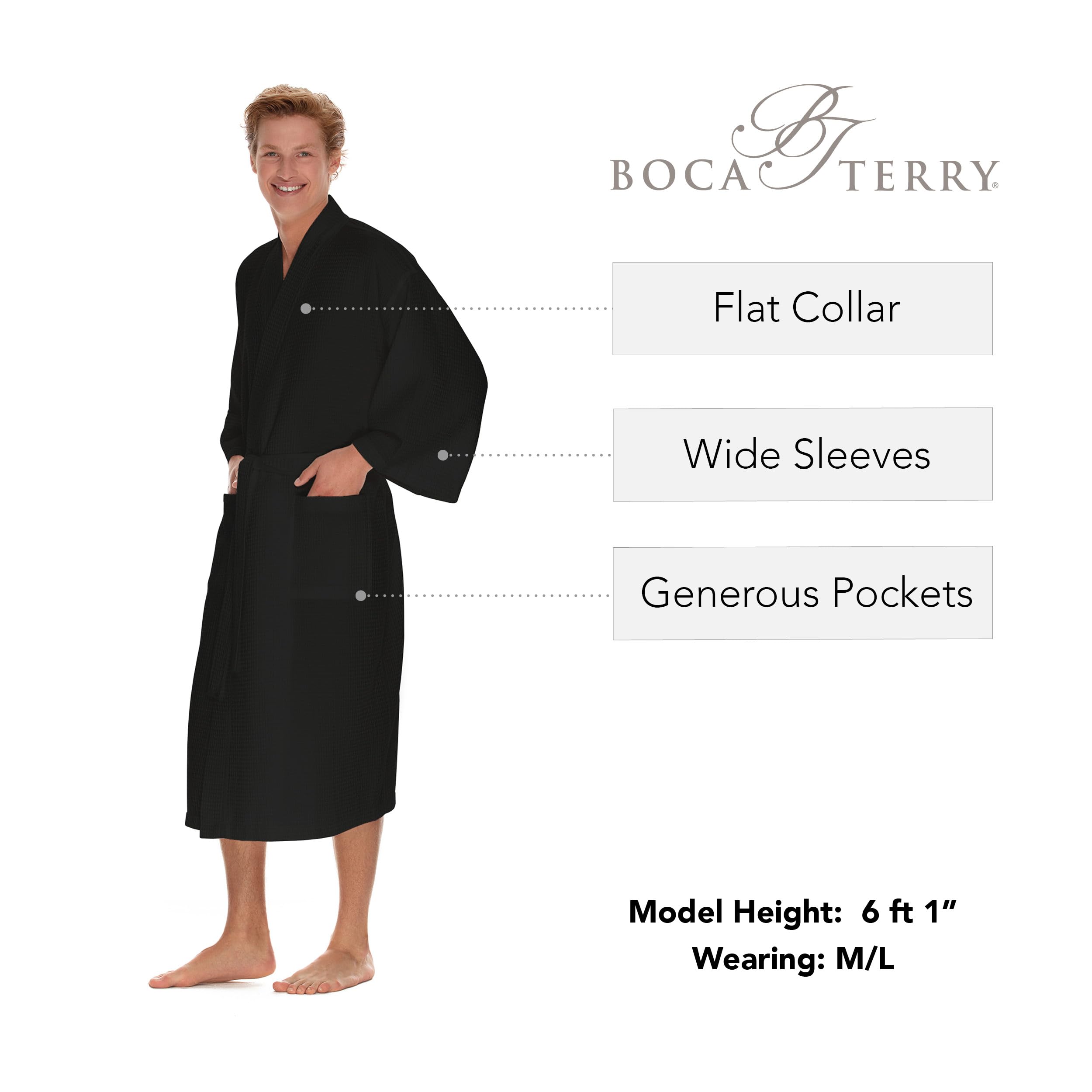 BOCA TERRY Men's Waffle Knit Spa Robe - Lightweight Long Cotton Kimono Bathrobe for Hotel & Home Relaxation, Lounge Wear, Spa Days and Cozy Evenings