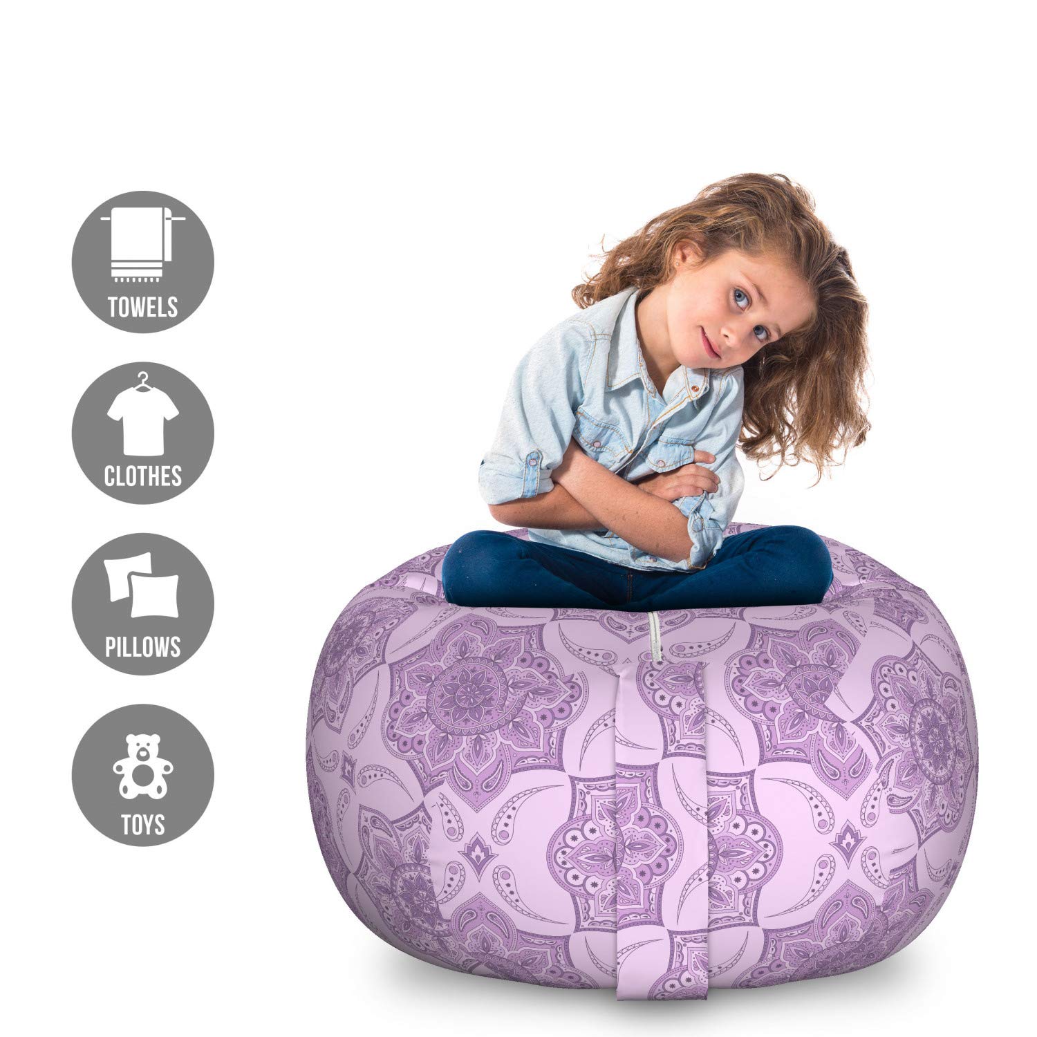 Ambesonne Oriental Storage Toy Bag Chair - Monochrome Folkloric Motif Design, Large Washable Stuffed Animal Organizer in Pastel Purple Mauve | Kids Room Decor, Nursery Storage, Playroom Organization