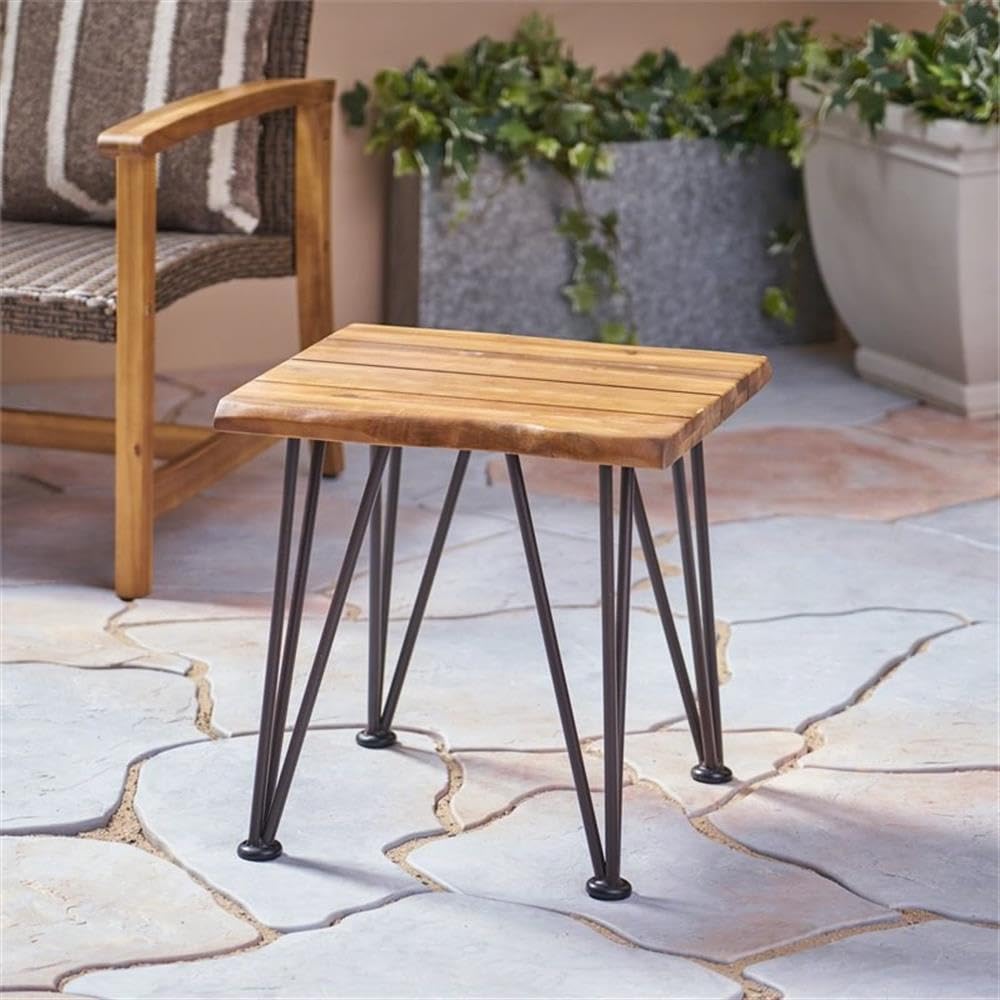 Noble House Zion Iron and Acacia Wood Outdoor Side Table - Natural Finish Patio End Table for Garden, Poolside & Deck Decor