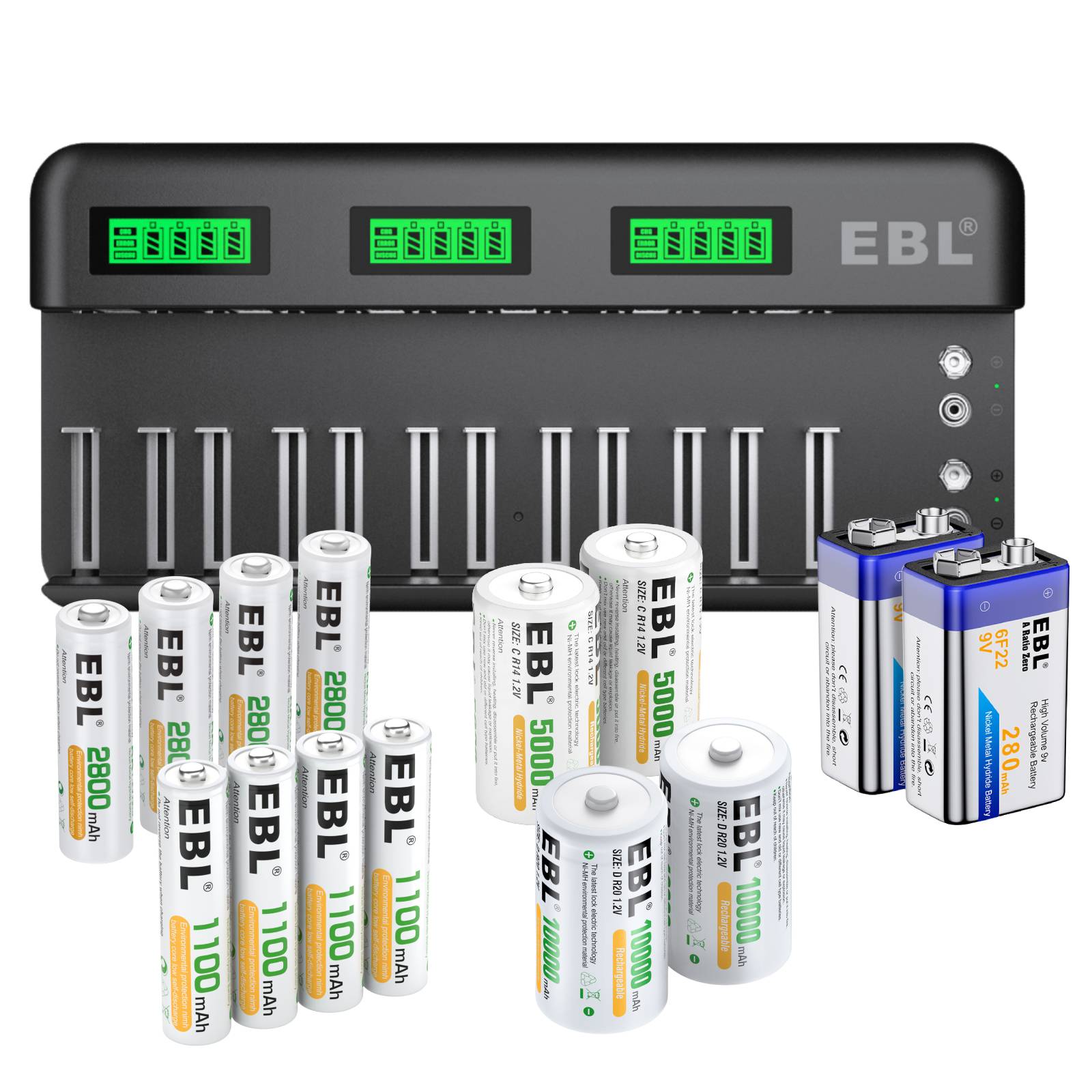 EBL 12+2 Bay Universal Battery Charger for AA AAA C D 9V Rechargeable Batteries - Fast Charging Station for Home, Office, and Travel Use