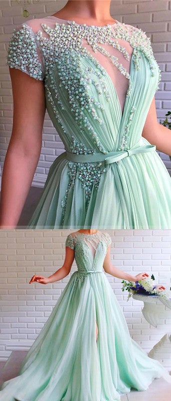 Elegant Mint Green A-Line Short Sleeve Prom Dress with High Slit - Formal Evening Gown for Homecoming, Prom Night & Special Occasions