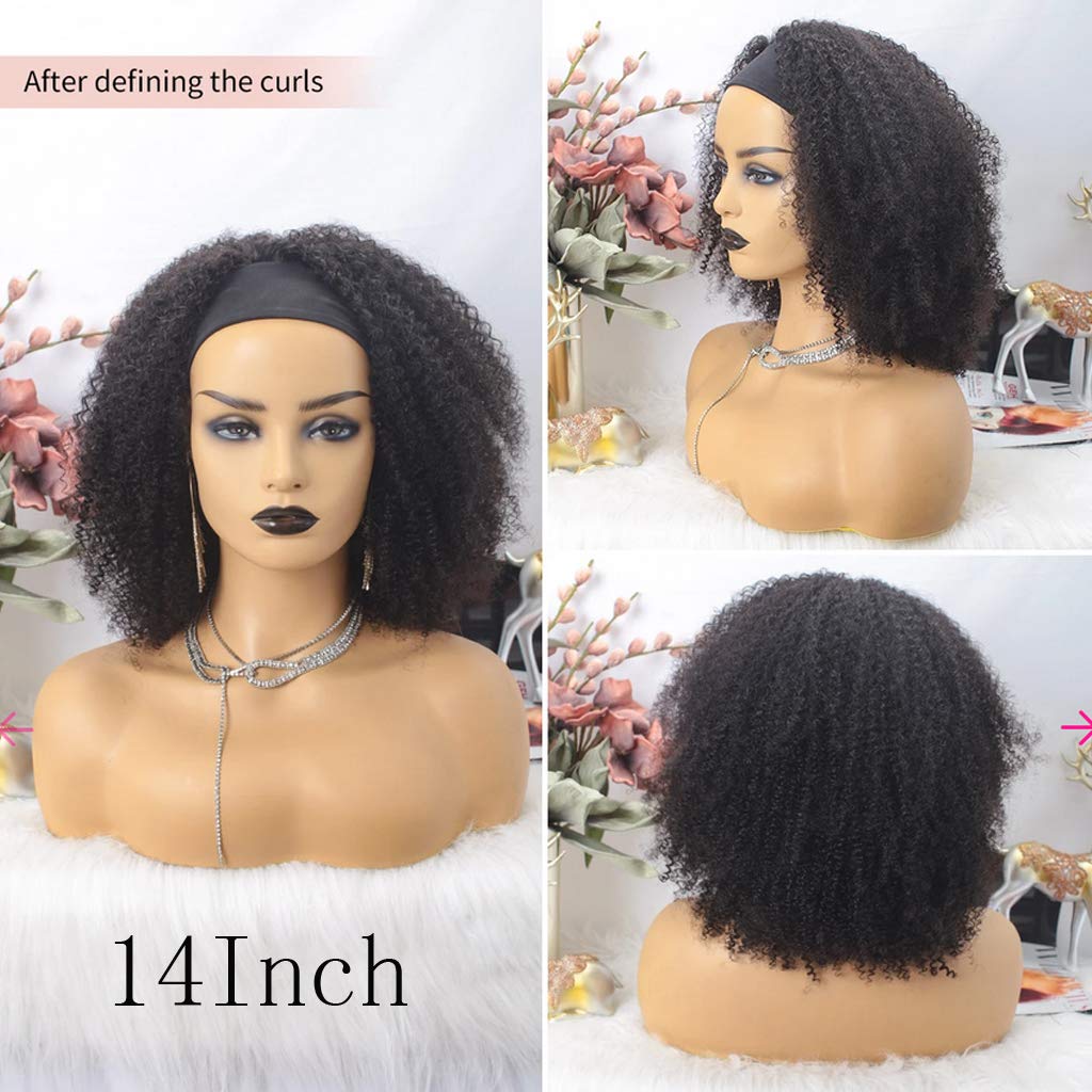 Afro Kinky Curly Human Hair Wig - Glueless No Lace Front Half Wig 150% Density Brazilian Virgin Hair Machine Made 14 Inch Large - Perfect for Cosplay, Daily Wear & Protective Hairstyles