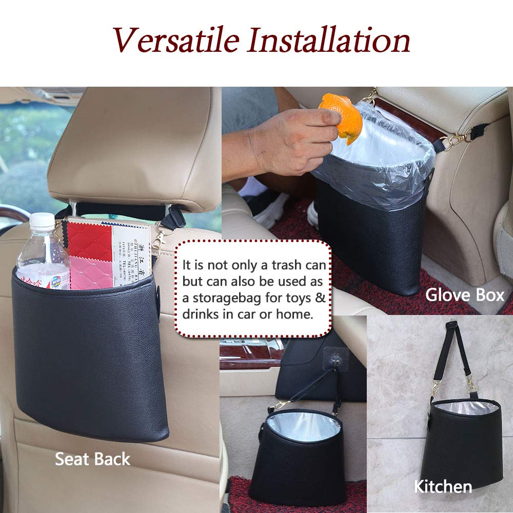 HerMia Hanging Car Trash Can - Premium PU Leather Waterproof Auto Garbage Bin for Travel, Outdoor & Vehicle Use - Perfect for Road Trips, Camping & Commuting (Black)