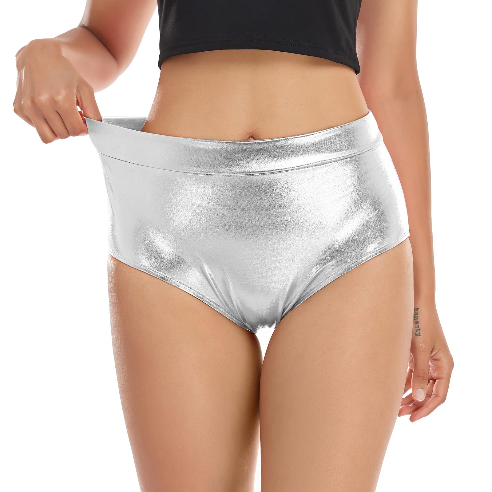 Kepblom Women's Shiny Metallic Booty Shorts - High Waisted Rave Shorts for Dance, Festival, Clubwear & Night Out Outfits