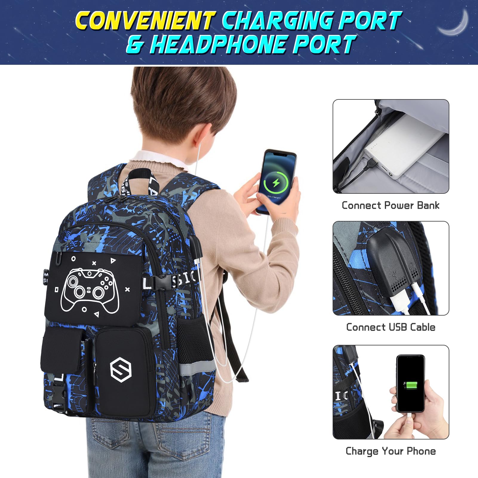 **Cool Luminous Boys Backpack with Lunch Bag & Pencil Case - USB Charging Port, Durable School Backpack for Kindergarten, Elementary & Middle School Boys - Perfect for Daily Use, Travel & Outdoor Adventures**
