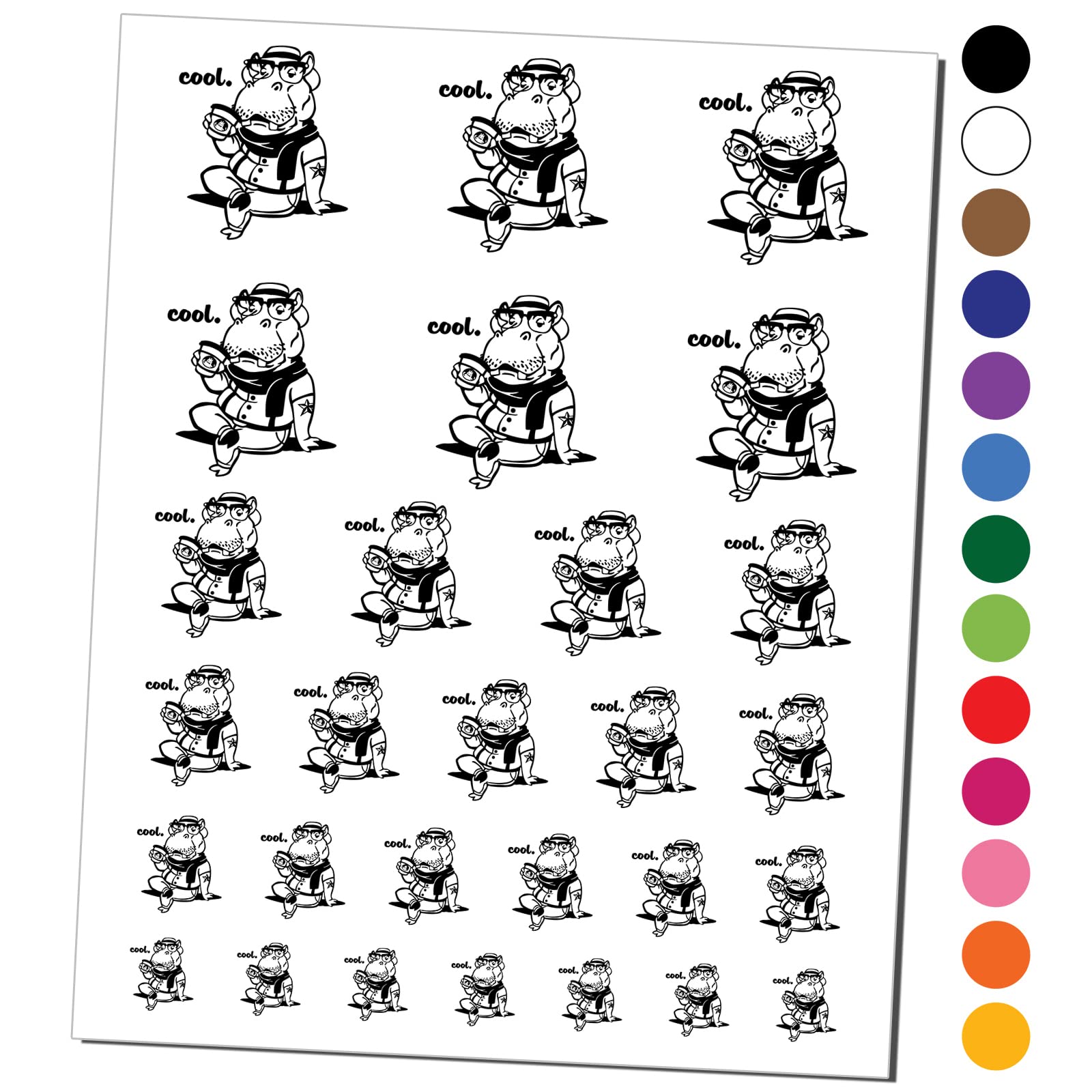 Waterproof Temporary Tattoo Set - Cool Hipster Hippo with Coffee Design, Fake Body Art Collection for Parties & Festivals (Black, 1 Sheet)