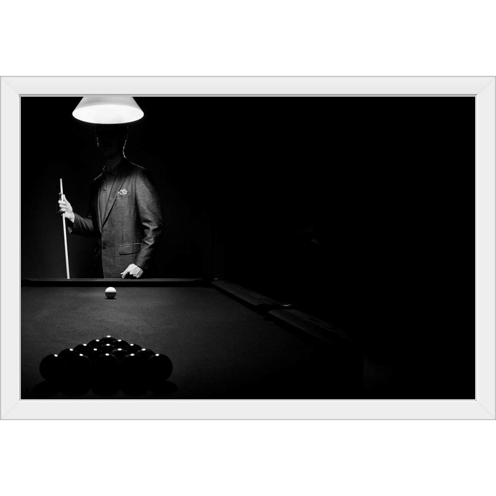 Billiards Art Print - White Framed Pool Player Silhouette Behind Rack | Wall Decor for Game Rooms, Bars & Man Caves | Perfect Gift for Pool Lovers
