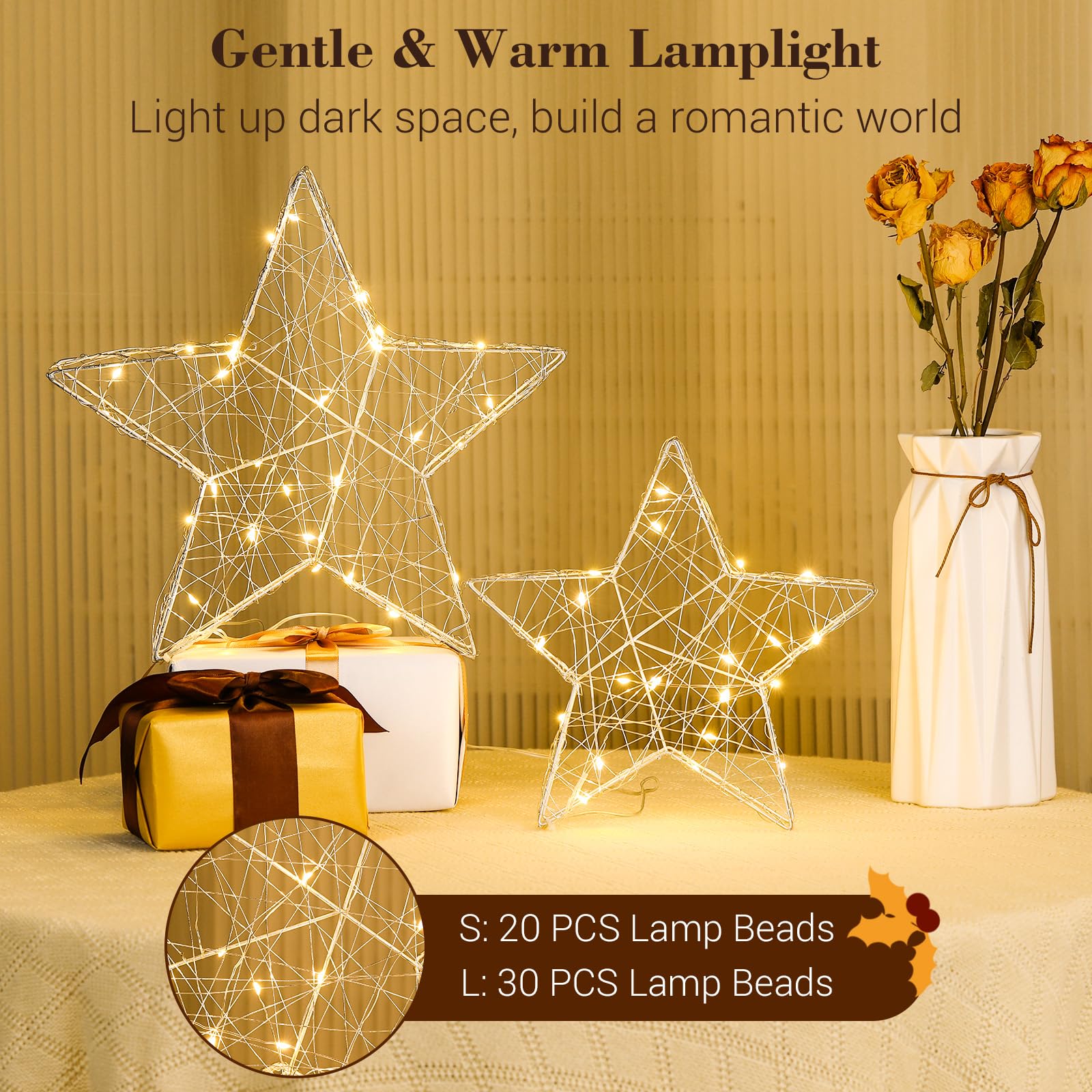 Lewondr 2-Pack Decorative Table Lamp - USB/Battery Powered Sparkling Star LED Desk Lamp with Timer, Wrought Iron Warm White Night Light for Bedroom, Nightstand, Christmas Decor (Silver) | Perfect for Bedside Reading, Holiday Decorations & Cozy Ambience