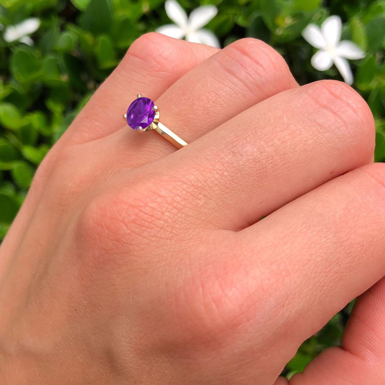 14K Yellow Gold Minimalist Round Amethyst CZ Solitaire Ring for Women - Elegant Dainty Jewelry Gift for Anniversary, Engagement, Valentine's Day