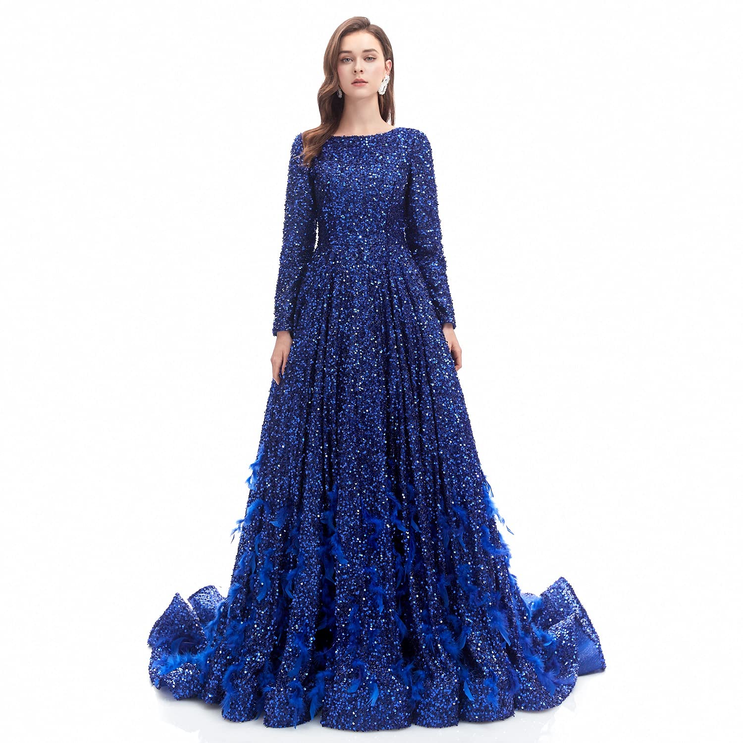 Elegant Women's Sequin Evening Gown with Chapel Train - Luxury Prom Dress for Formal Events, Weddings & Special Occasions