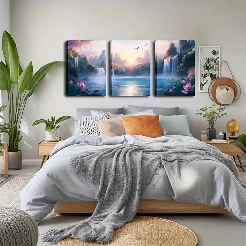 3-Piece Serene Waterfall & Mountain Landscape Wall Art Set - Framed Canvas Prints 50x70cm - High Quality Australian Made Wall Decor - Perfect for Living Room, Bedroom & Office Decor