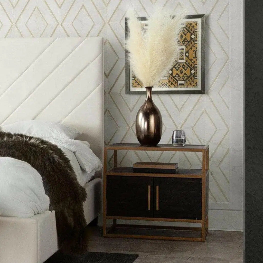 Dark Brown 2-Door End Table with Gold Metal Frame - Perfect for Living Room, Bedroom, or Office Side Table