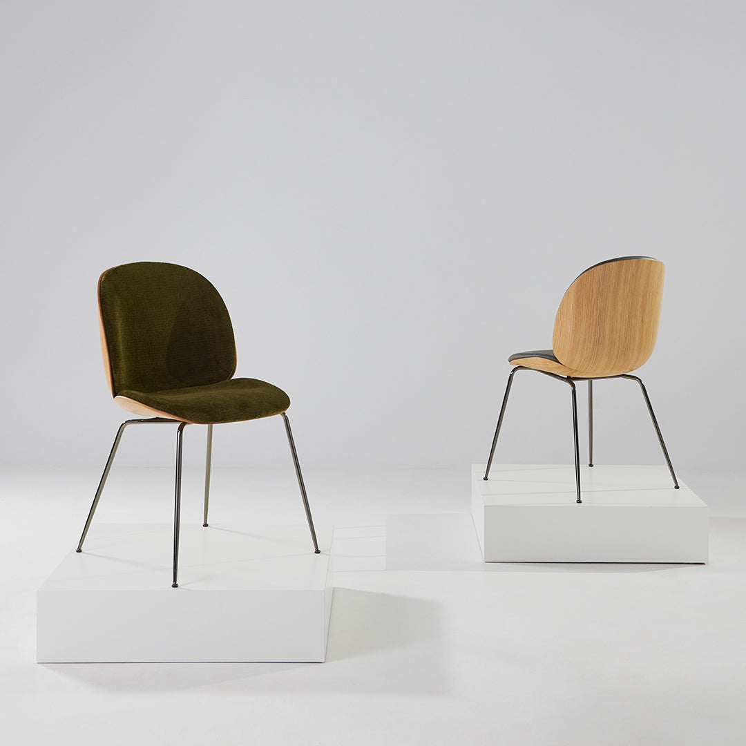 Modern Beetle Dining Chair with Front Upholstery & Conic Base - 3D Veneer Shell Design for Kitchen, Dining Room, or Office Space
