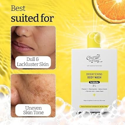 Brightening Vitamin C Body Wash for Glowing Skin - Reduces Dark Spots & Evens Skin Tone with Alpha Arbutin & 30X Vitamin C | Camu Camu Infused | Unisex Shower Gel for Women & Men | 236ml | Perfect for Daily Skincare Routine & Post-Workout Refreshment